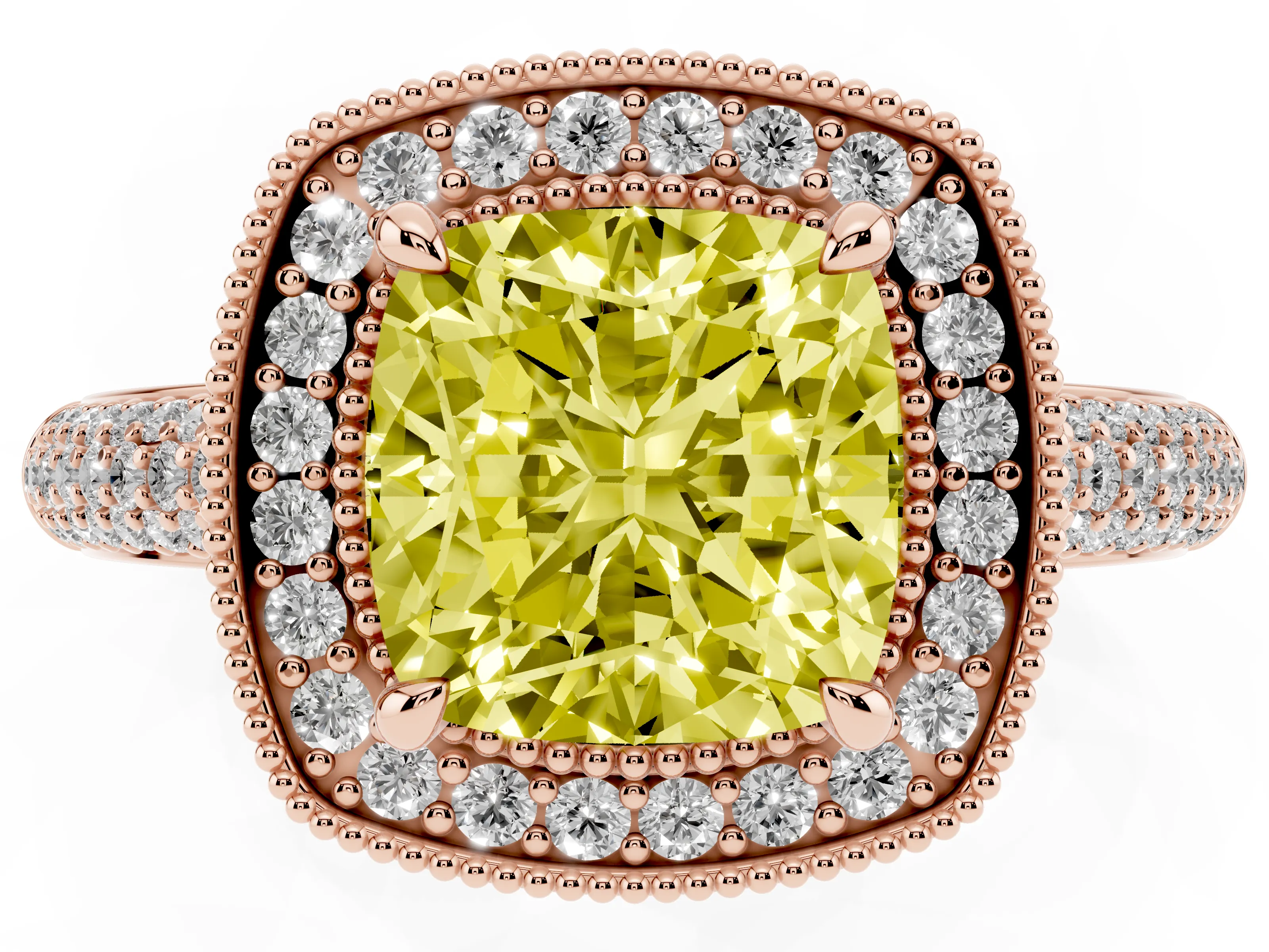 Fancy Yellow Cushion Cut Diamond Halo Pavé Band Set in Rose gold with Prong Setting