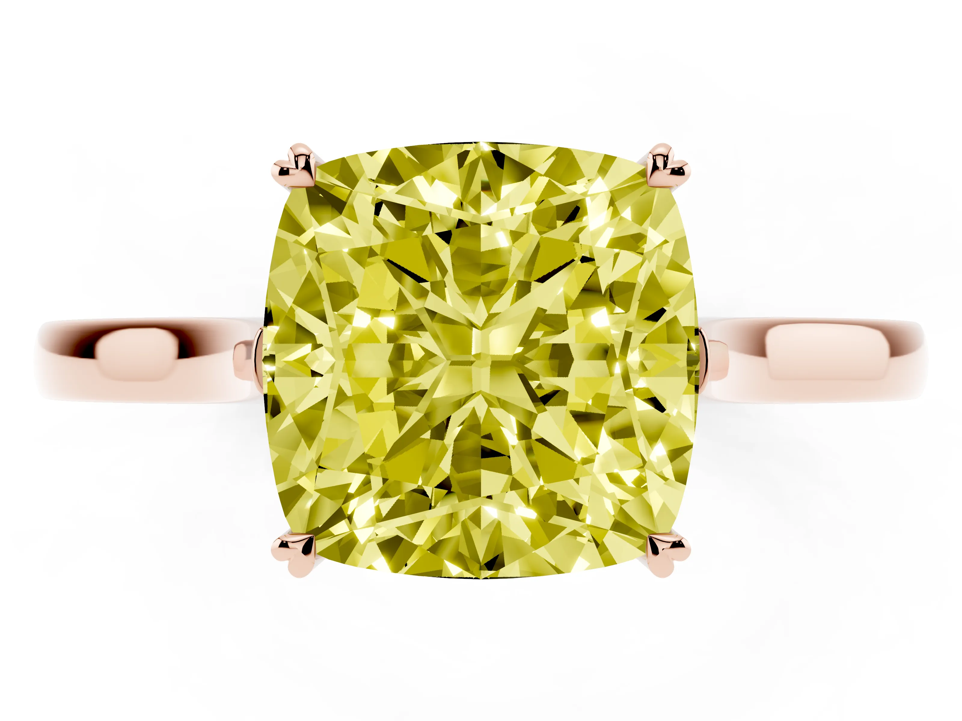 Fancy Yellow Cushion Cut Diamond Solitaire Heart Prong Engagement Ring Set in Rose gold with Tapered Band