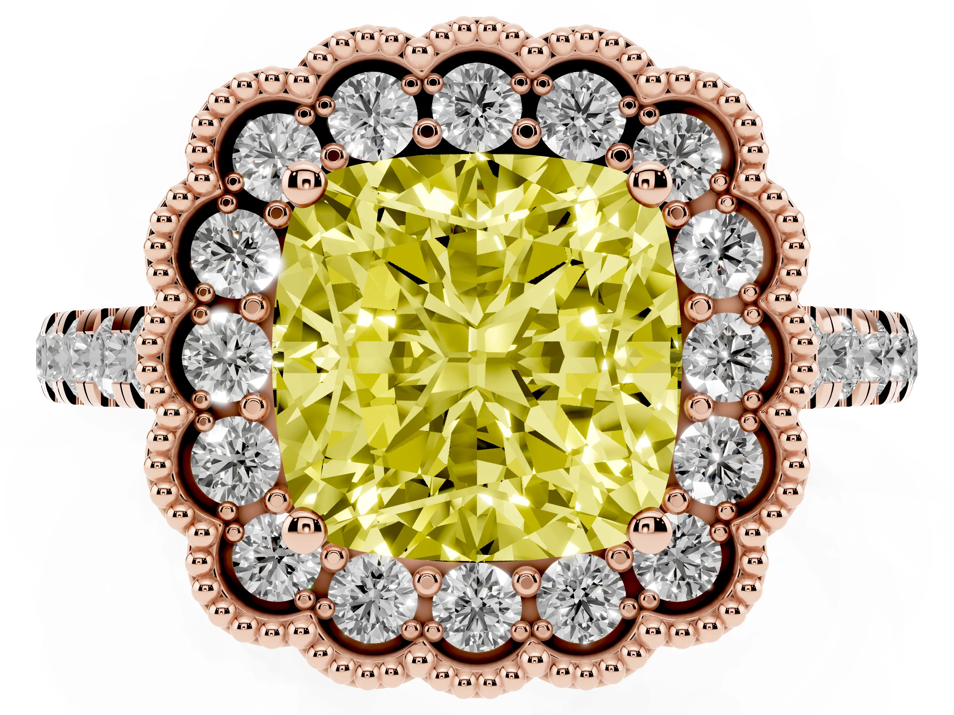 Fancy Yellow Cushion Cut Diamond Milgrain Floral Halo Engagement Ring Set in Rose gold with Pavé Band