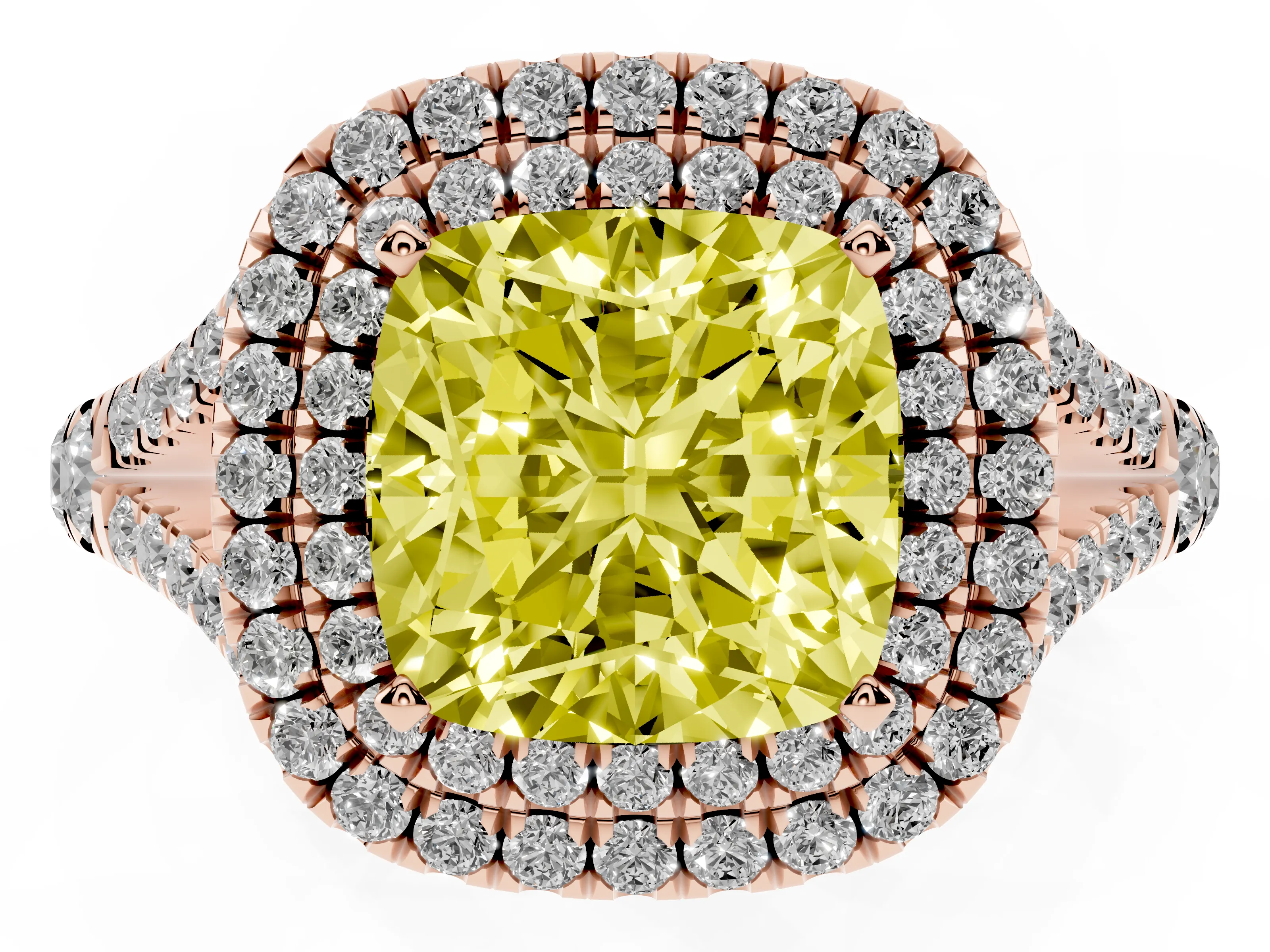 Fancy Yellow Cushion Cut Diamond Pavé Split Shank Double Halo Engagement Ring Set in Rose gold