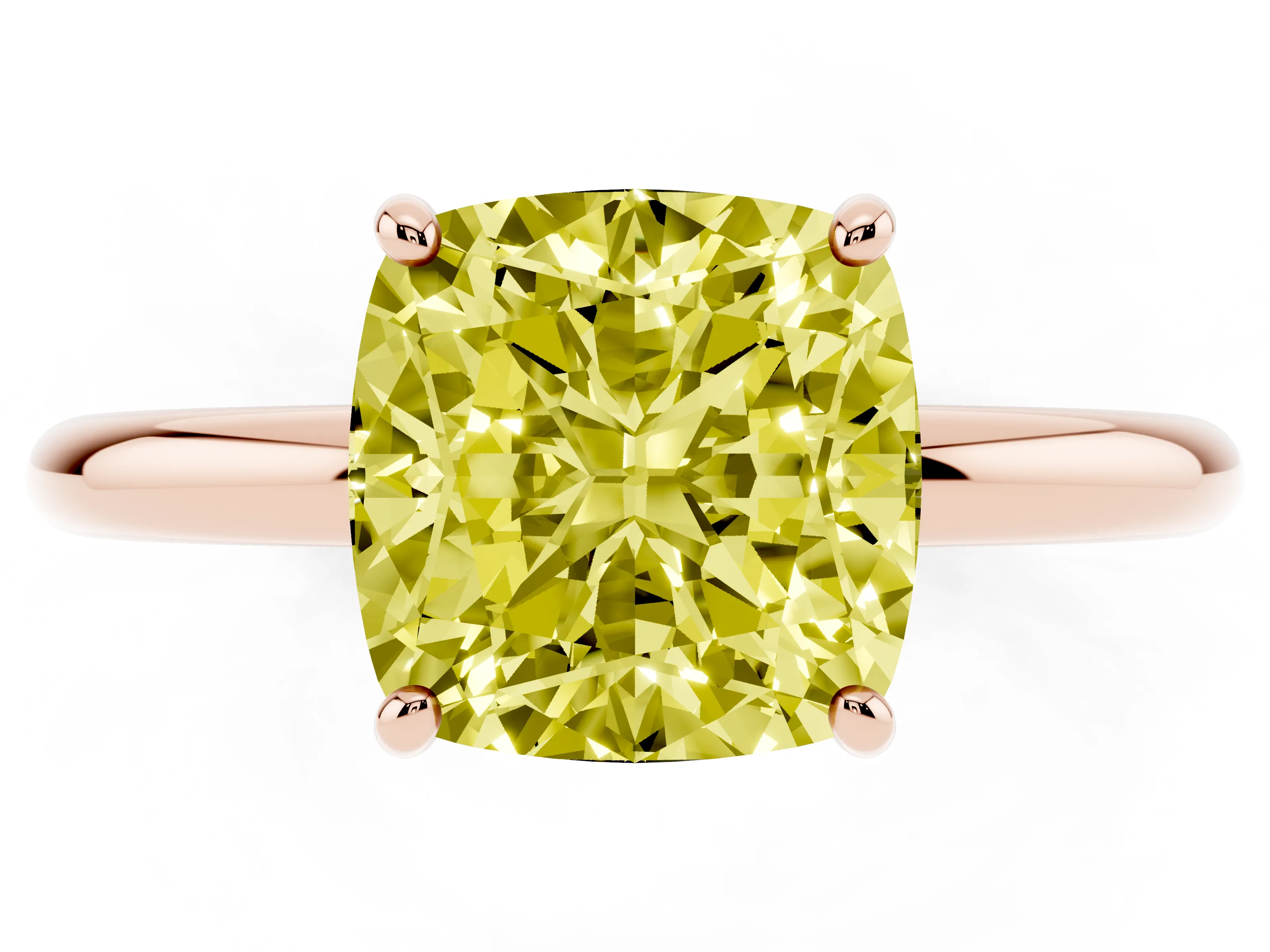 Fancy Yellow Cushion Cut Diamond Solitaire Ring Set in Rose gold with Prong Setting on a Polished Plain Band