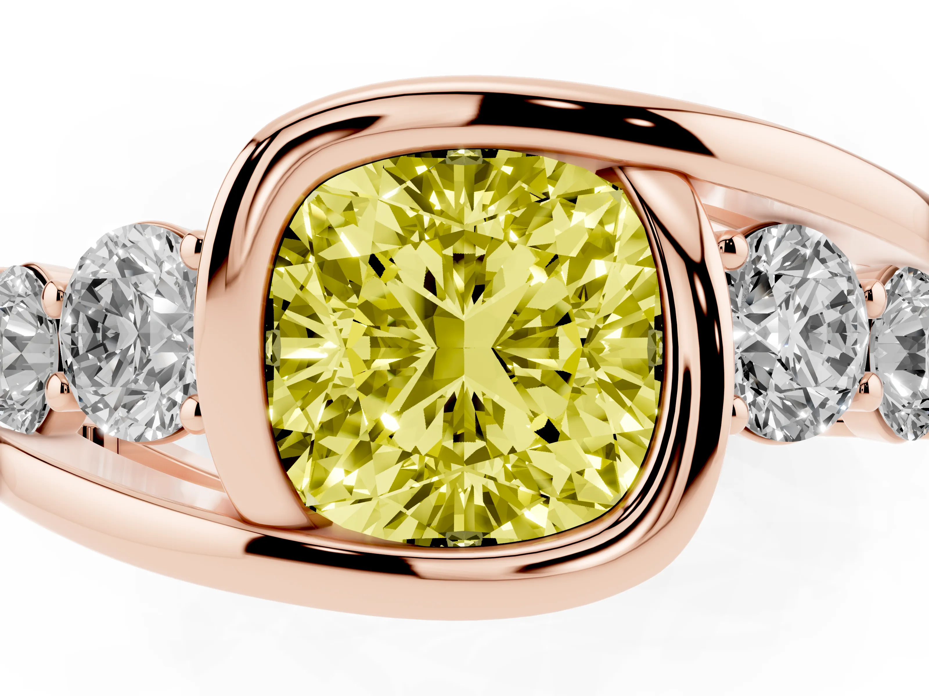 Fancy Yellow Cushion Cut Diamond Bezel Bypass Ring Set in Rose gold with Round Accents