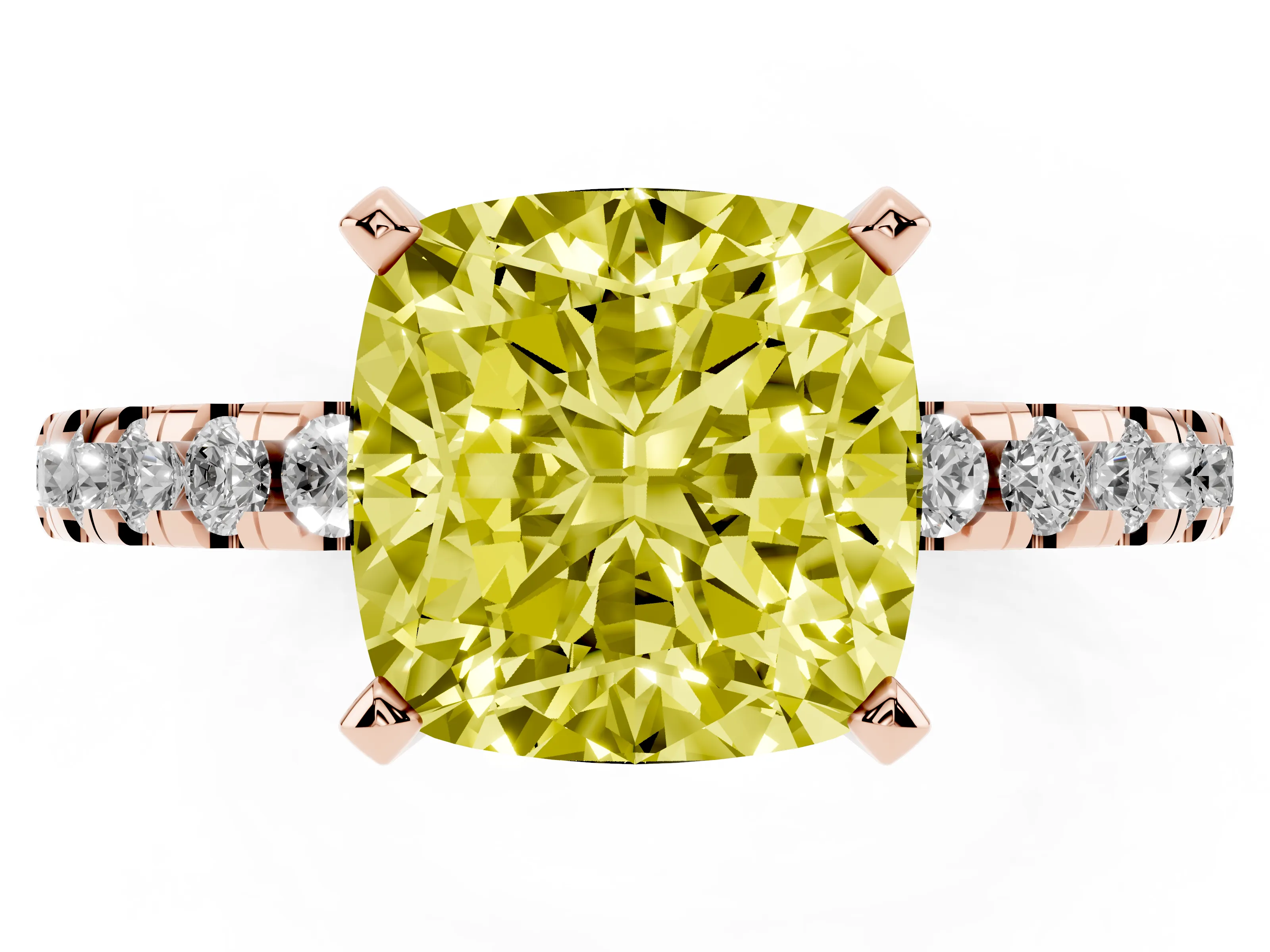 Fancy Yellow Cushion Cut Diamond Pavé Solitaire Ring Set in Rose gold with Round Band Accents and Prong Setting