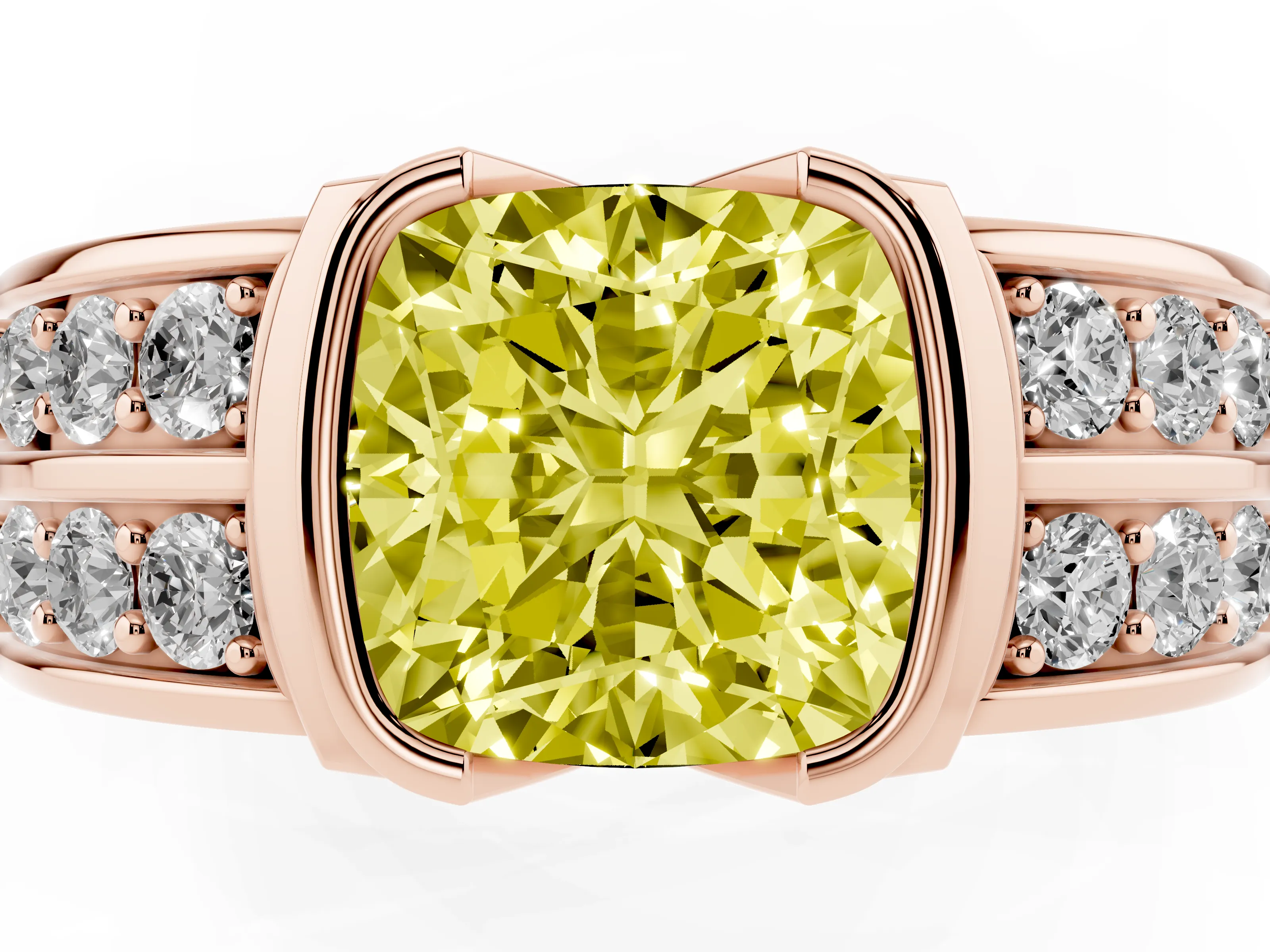 Fancy Yellow Cushion Cut Diamond Wide Channel Set Band Ring Set in Rose gold with Bezel Setting