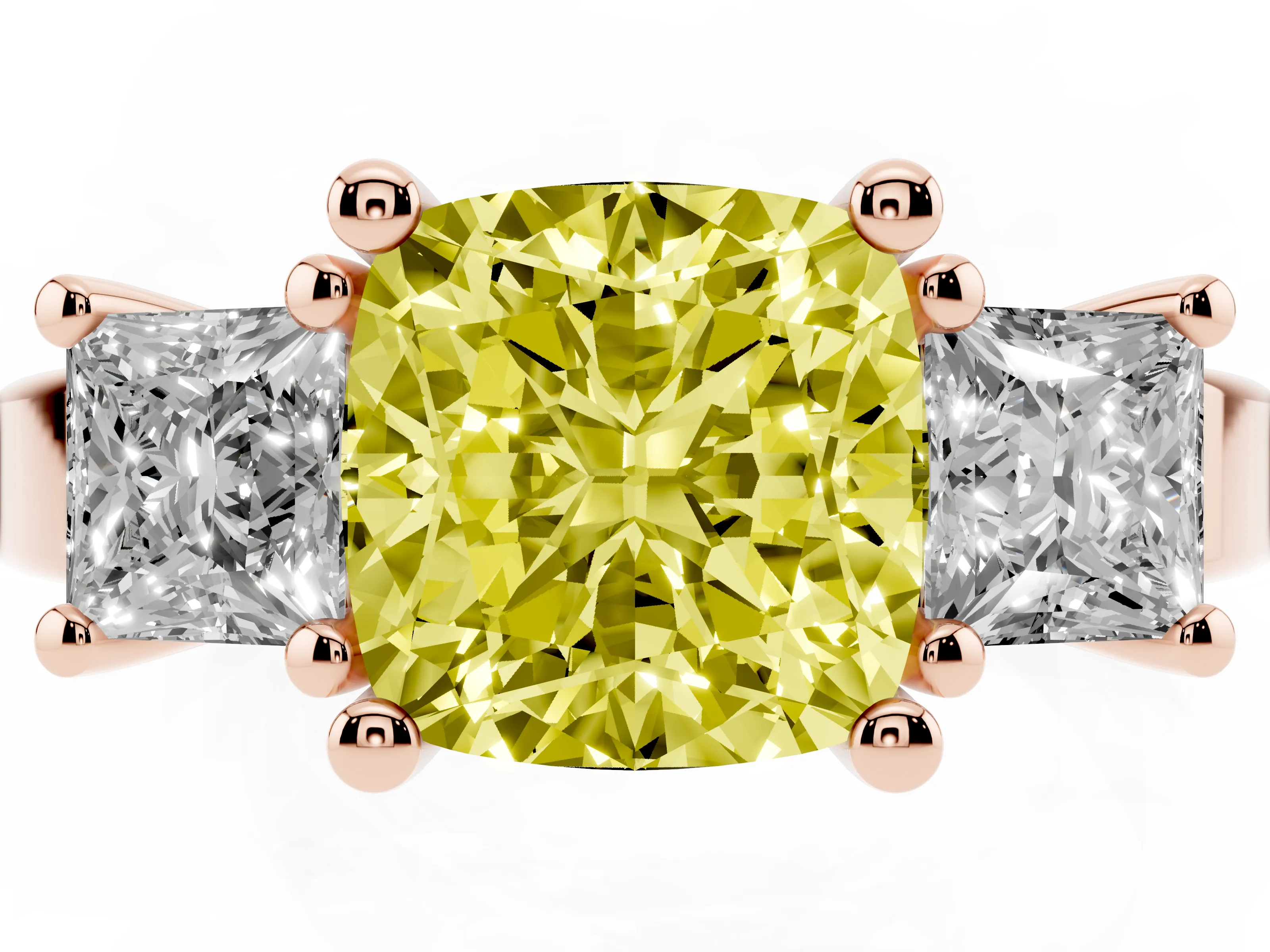 Fancy Yellow Three-Stone Cushion Cut Diamond Solitaire Ring Set in Rose gold with Prong Setting