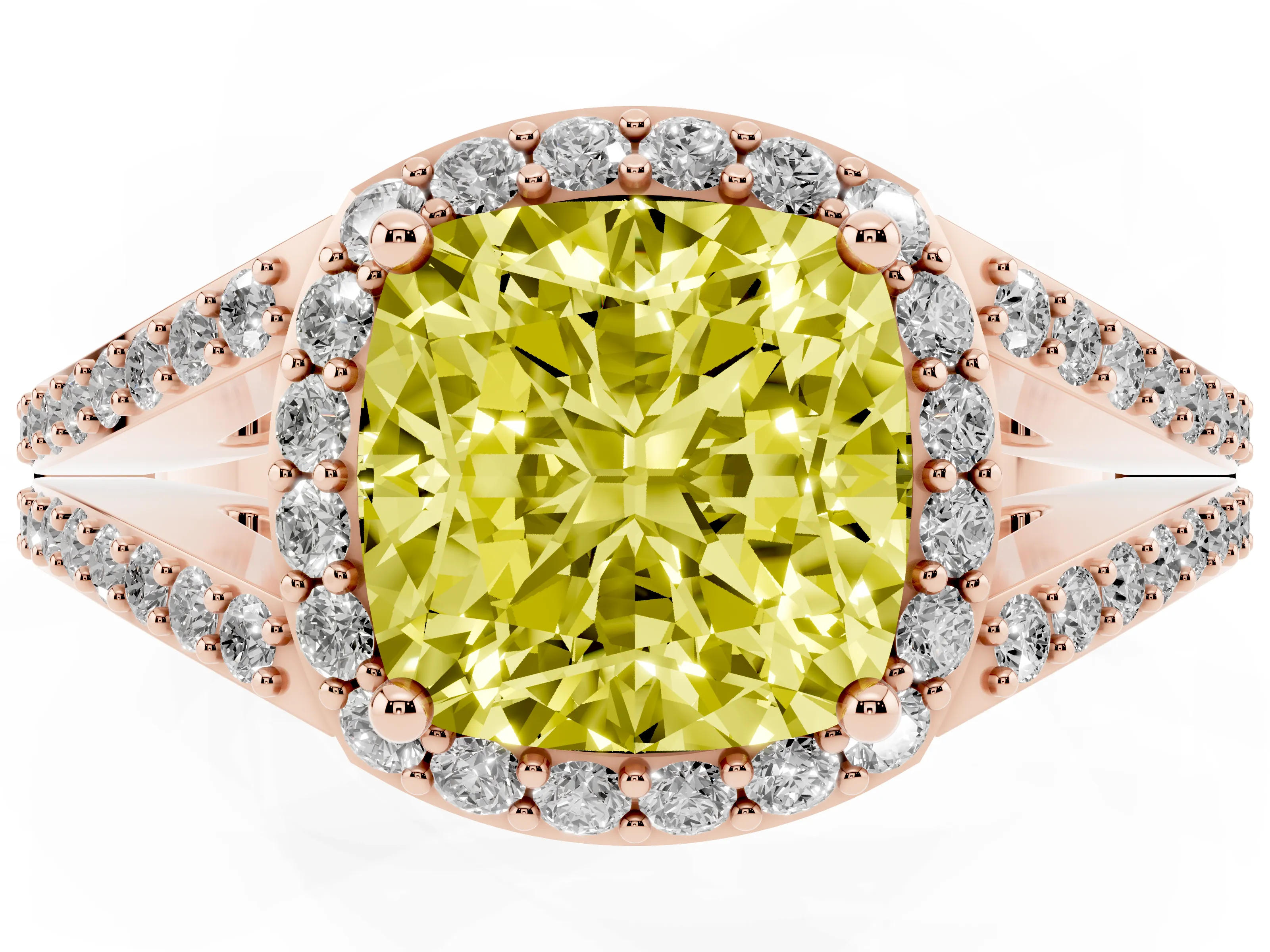 Fancy Yellow Cushion Cut Diamond Halo Split Shank Ring Set in Rose gold with Accent Stones and Prong Setting