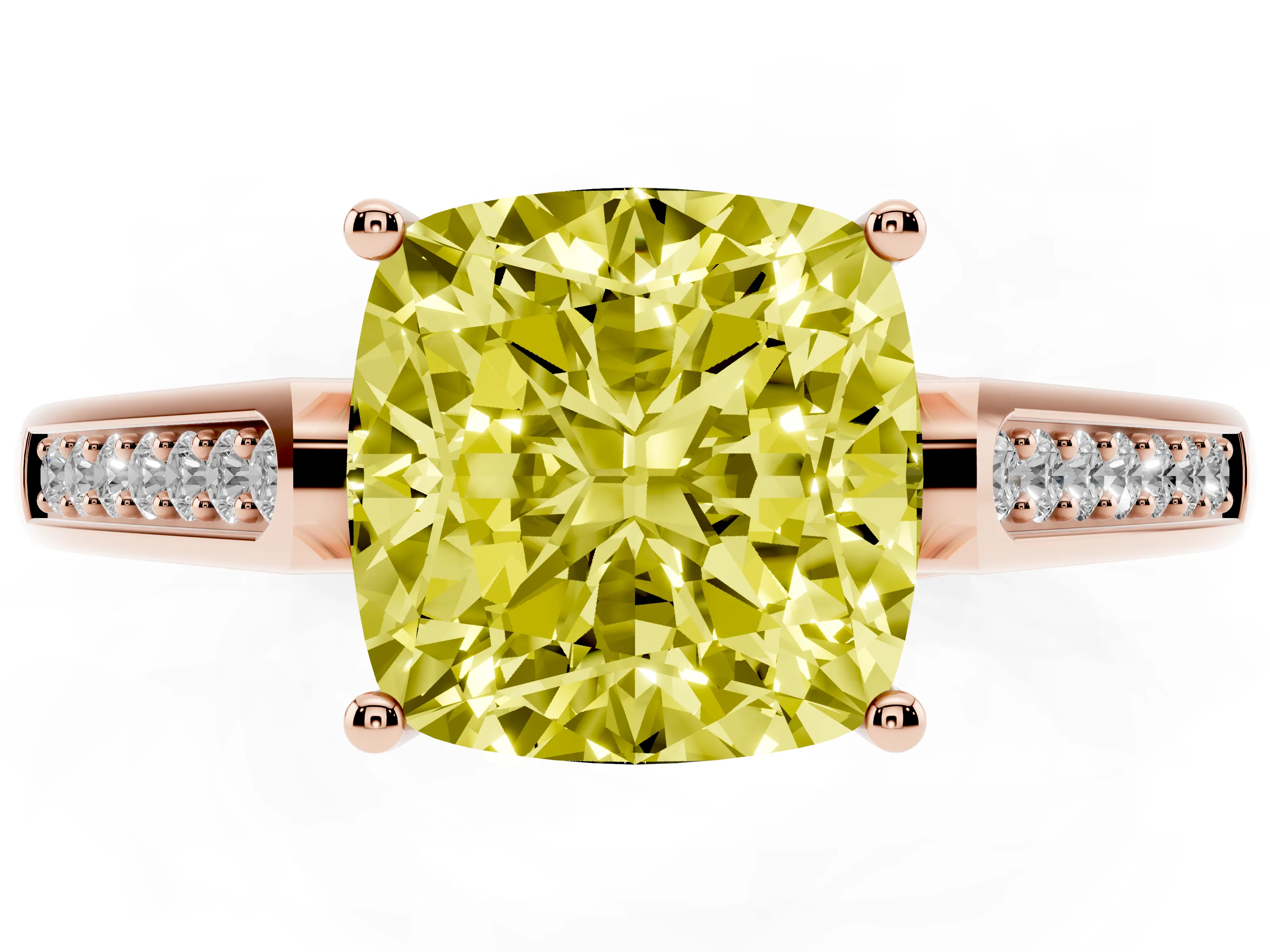 Fancy Yellow Cushion Cut Diamond Solitaire Cathedral Engagement Ring Set in Rose gold with Channel-Set Band and Prong Setting