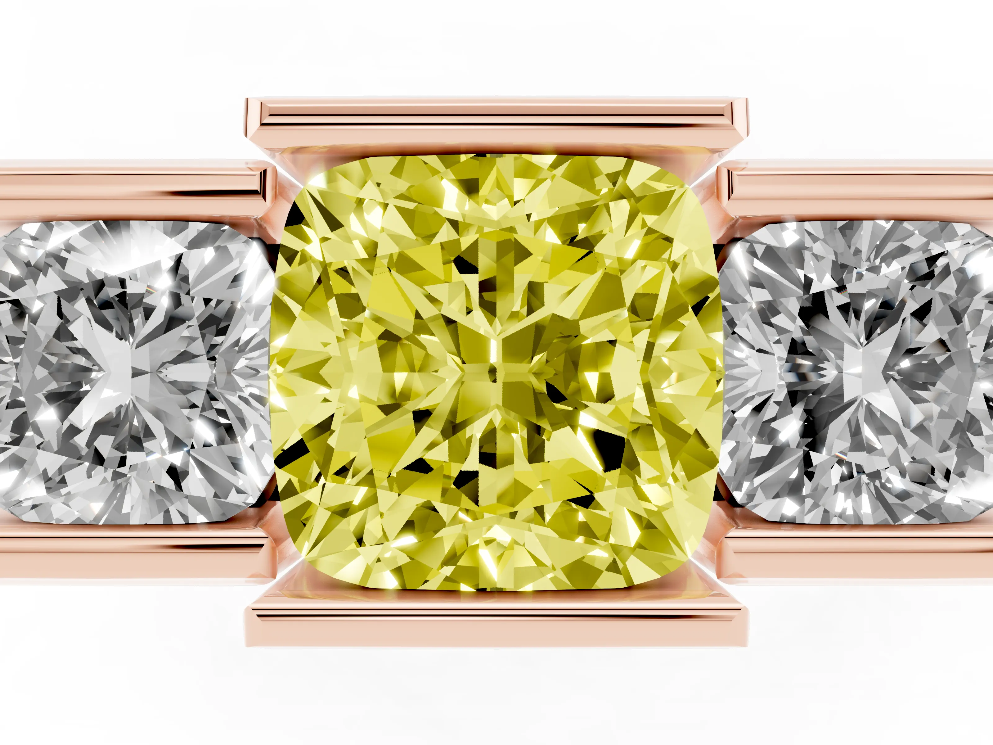 Fancy Yellow Cushion Cut Diamond Three-Stone Channel Set Ring Set in Rose gold with Smooth Polished Band