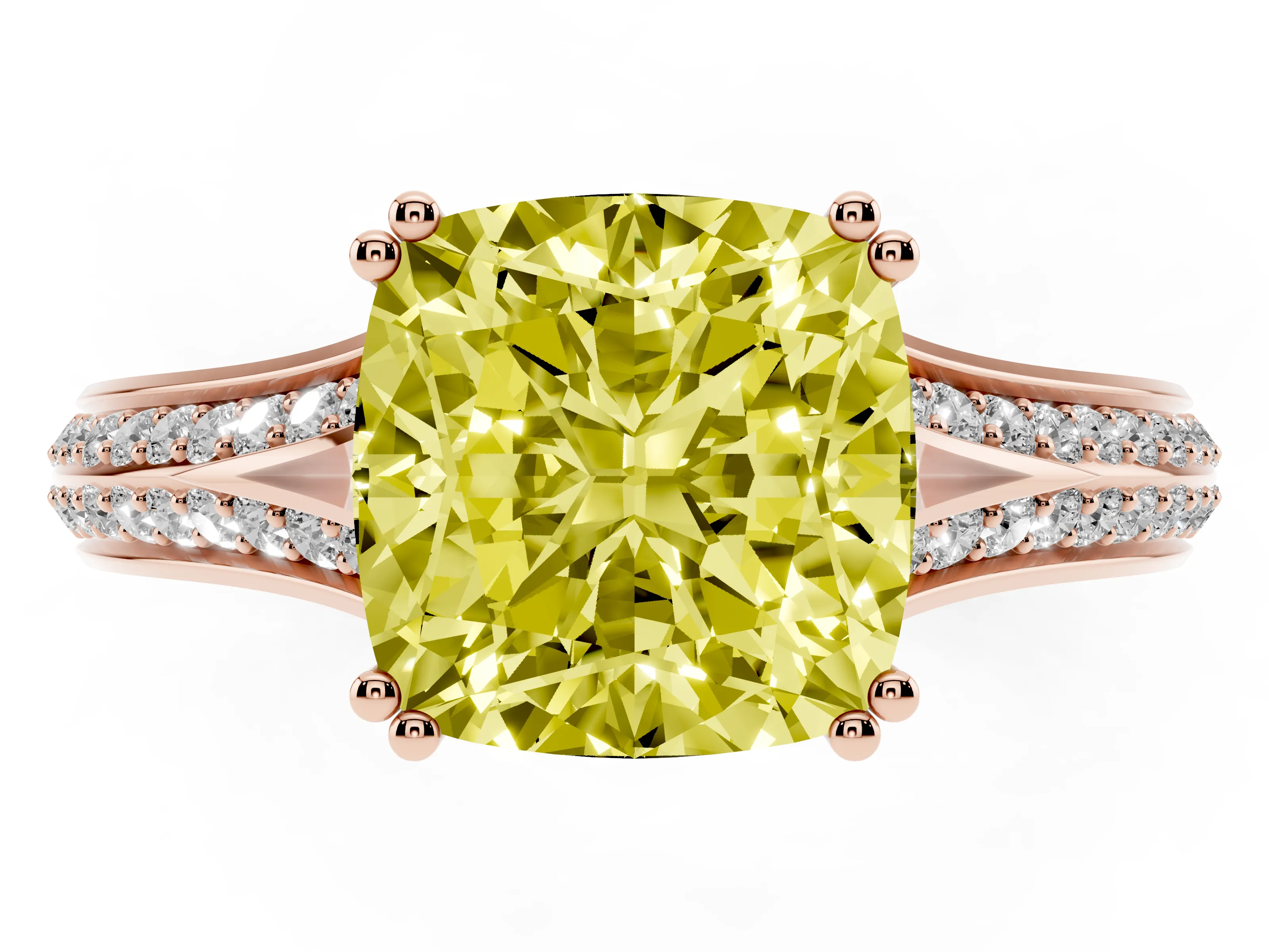 Fancy Yellow Cushion Cut Diamond Split Shank Pavé Engagement Ring Set in Rose gold with Prong-Set Center Stone