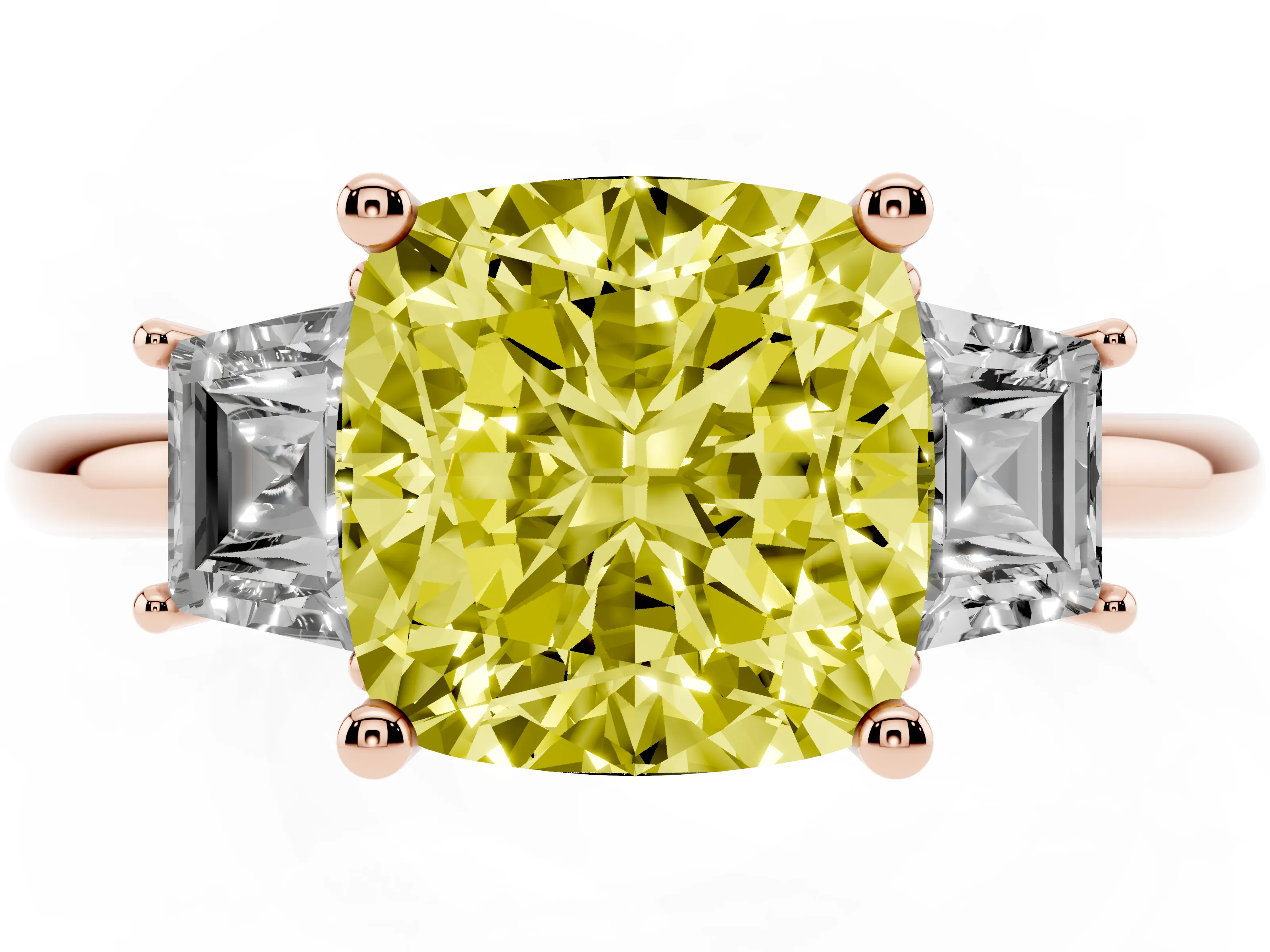 Fancy Yellow Cushion Cut Diamond Three-Stone Ring Set in Rose gold with Trapezoid Side Stones and Prong Setting