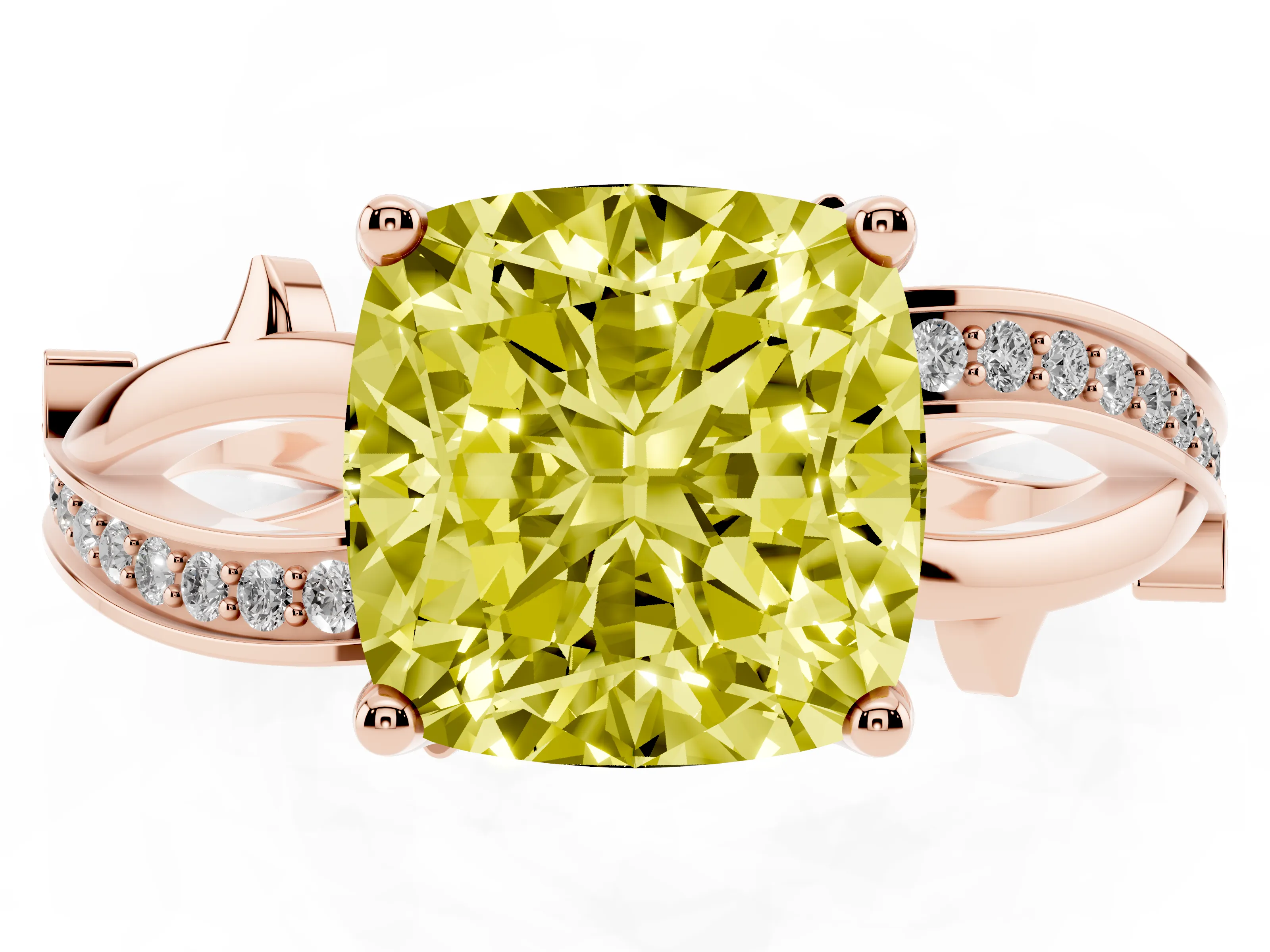 Fancy Yellow Cushion Cut Diamond Pavé Twist Band Solitaire Ring Set in Rose gold with Prong Setting