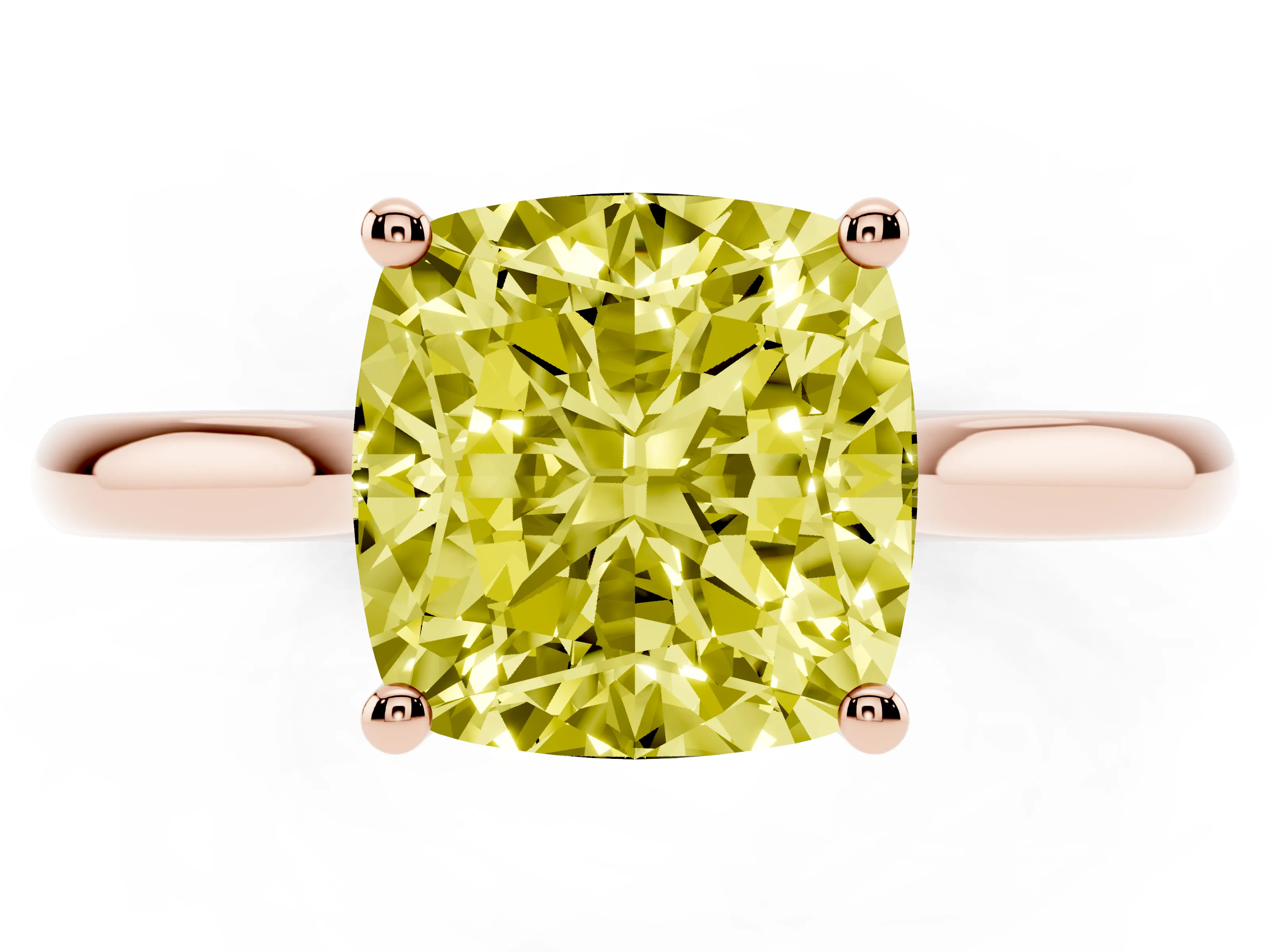 Fancy Yellow Cushion Cut Diamond Solitaire Ring Set in Rose gold with Cathedral Band and Prong Setting