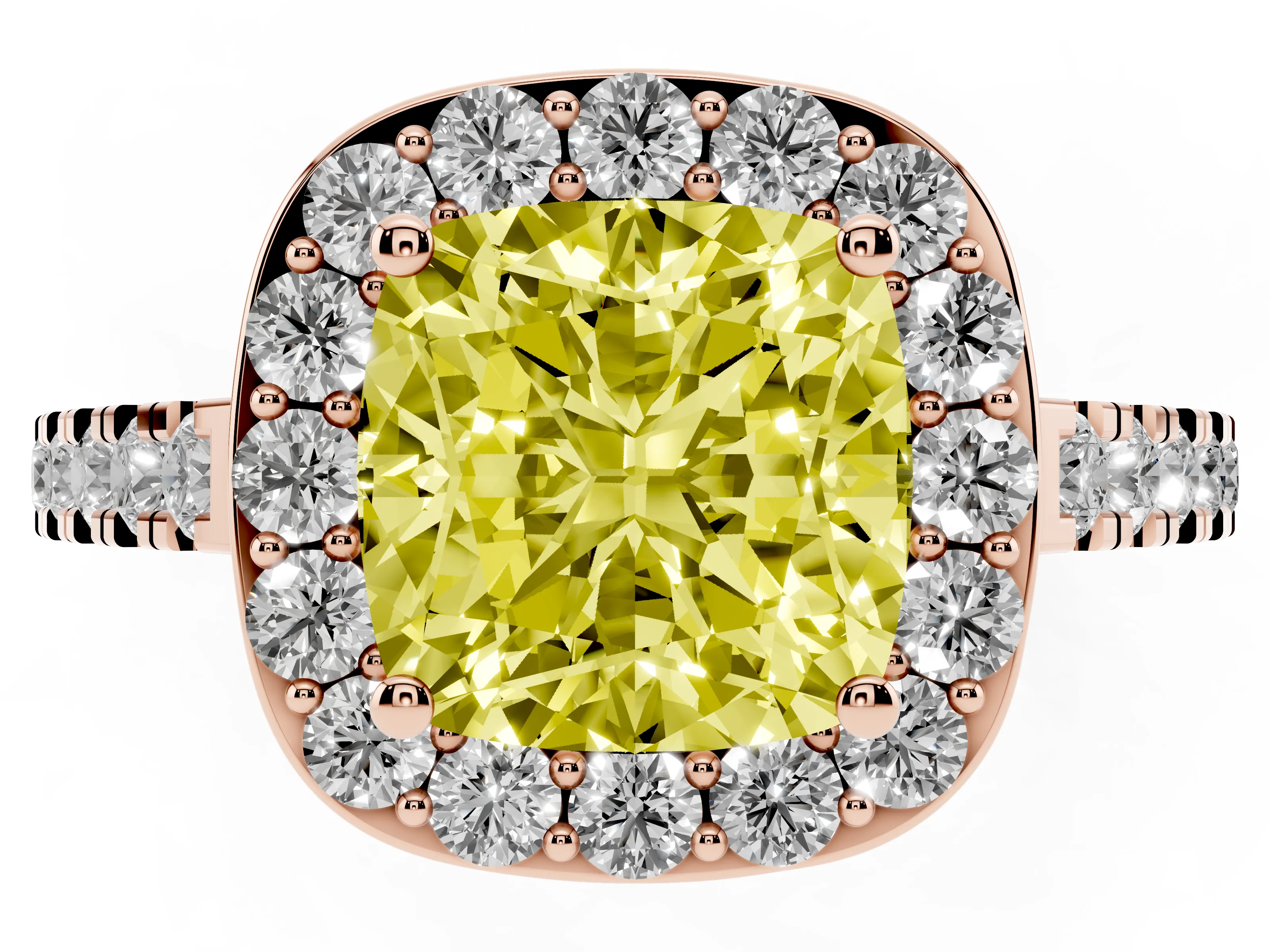 Fancy Yellow Cushion Cut Diamond Halo Ring Set in Rose gold with Round Pavé Split Shank and Prong Setting