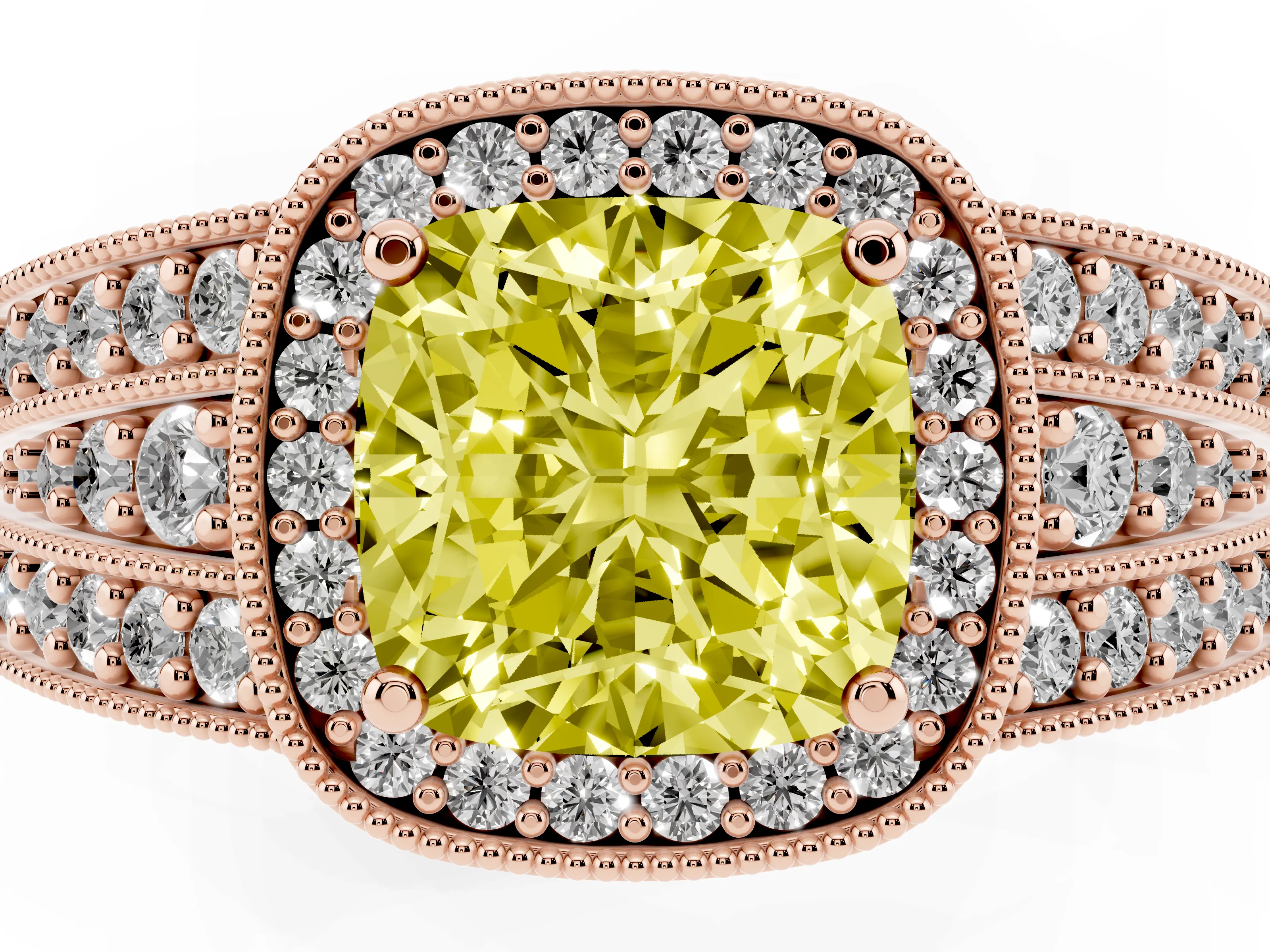 Fancy Yellow Cushion Cut Diamond Halo Ring Set in Rose gold with Accent Split Shank and Prong Setting