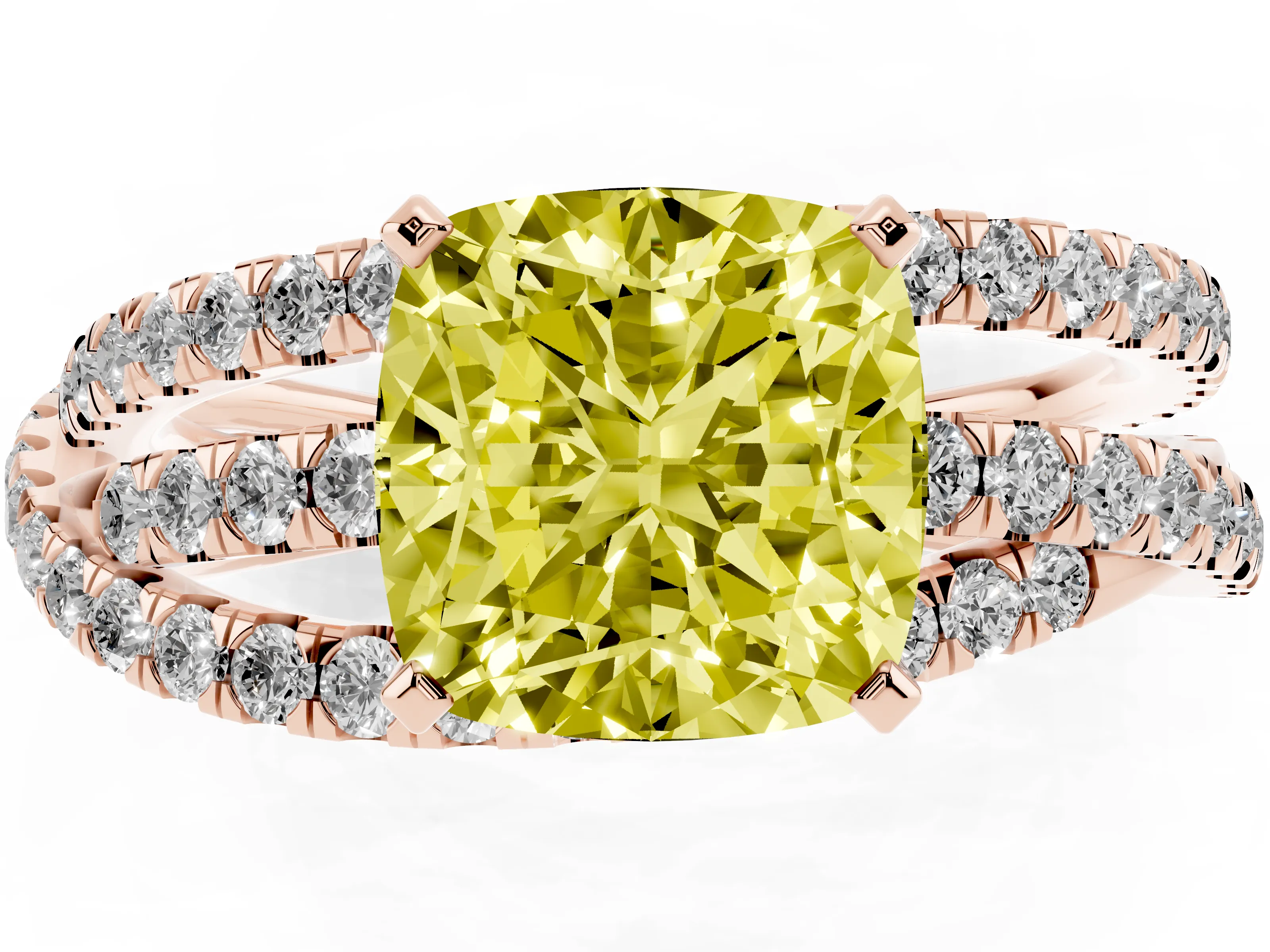 Fancy Yellow Cushion Cut Diamond Solitaire Twist Band Ring Set in Rose gold with Pavé Setting and Prong Head