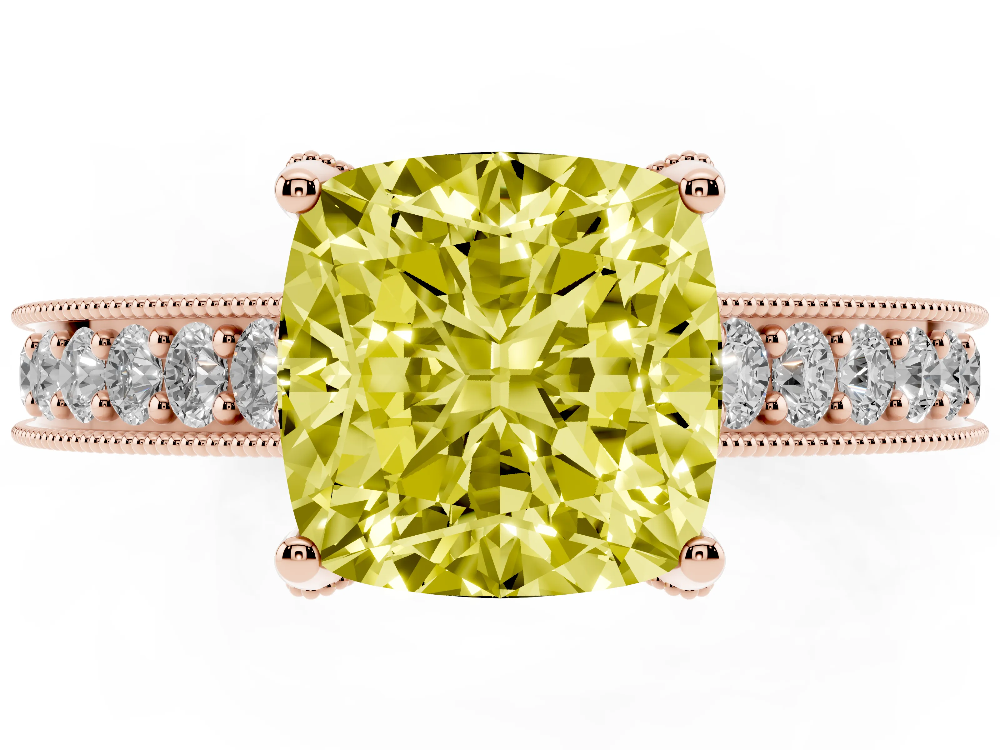 Fancy Yellow Cushion Cut Diamond Solitaire Ring Set in Rose gold with Milgrain-Edged Pavé Band and Prong Setting
