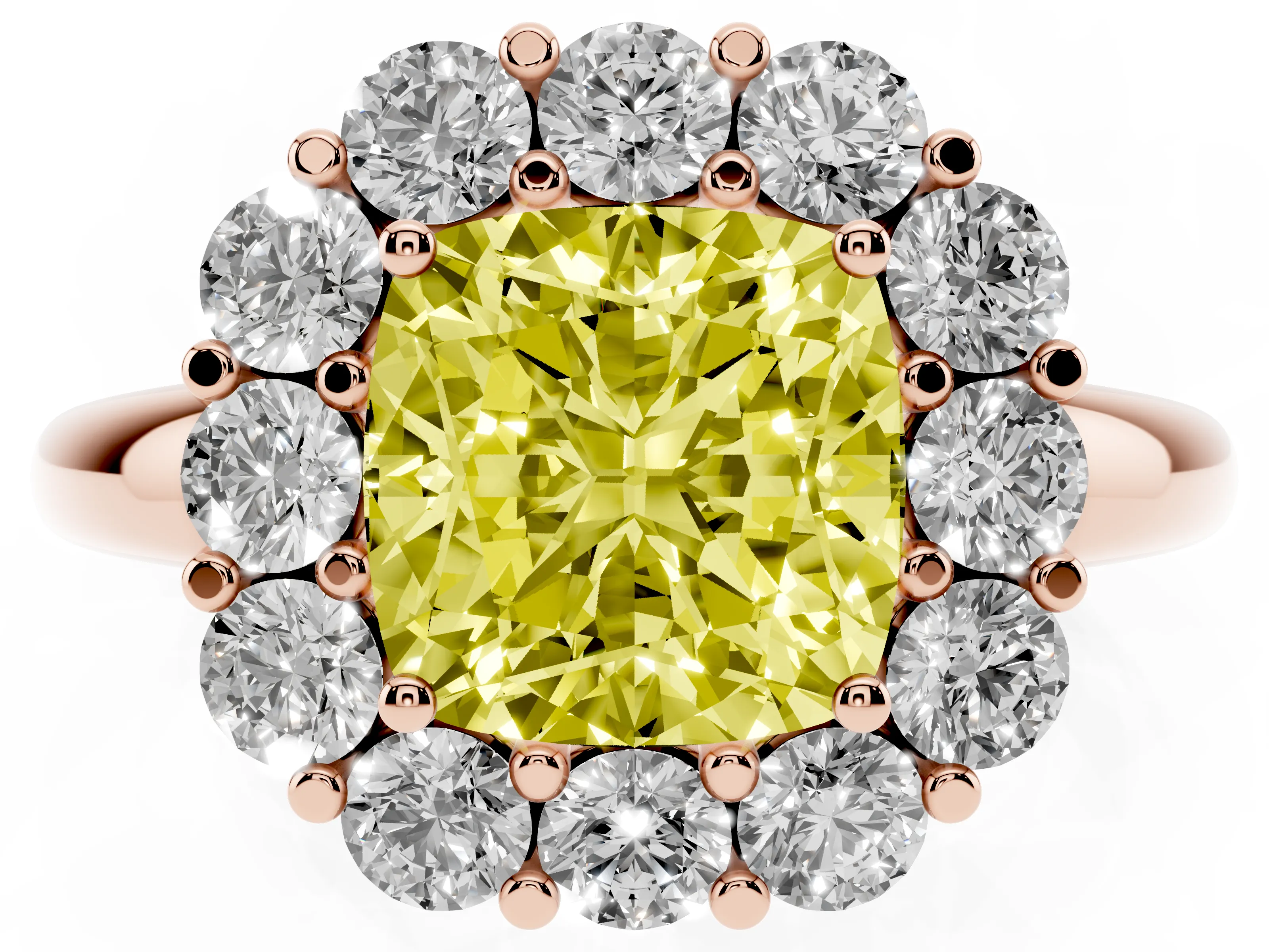 Fancy Yellow Cushion Cut Diamond Halo Cluster Engagement Ring Set in Rose gold with Polished Band and Prong Setting