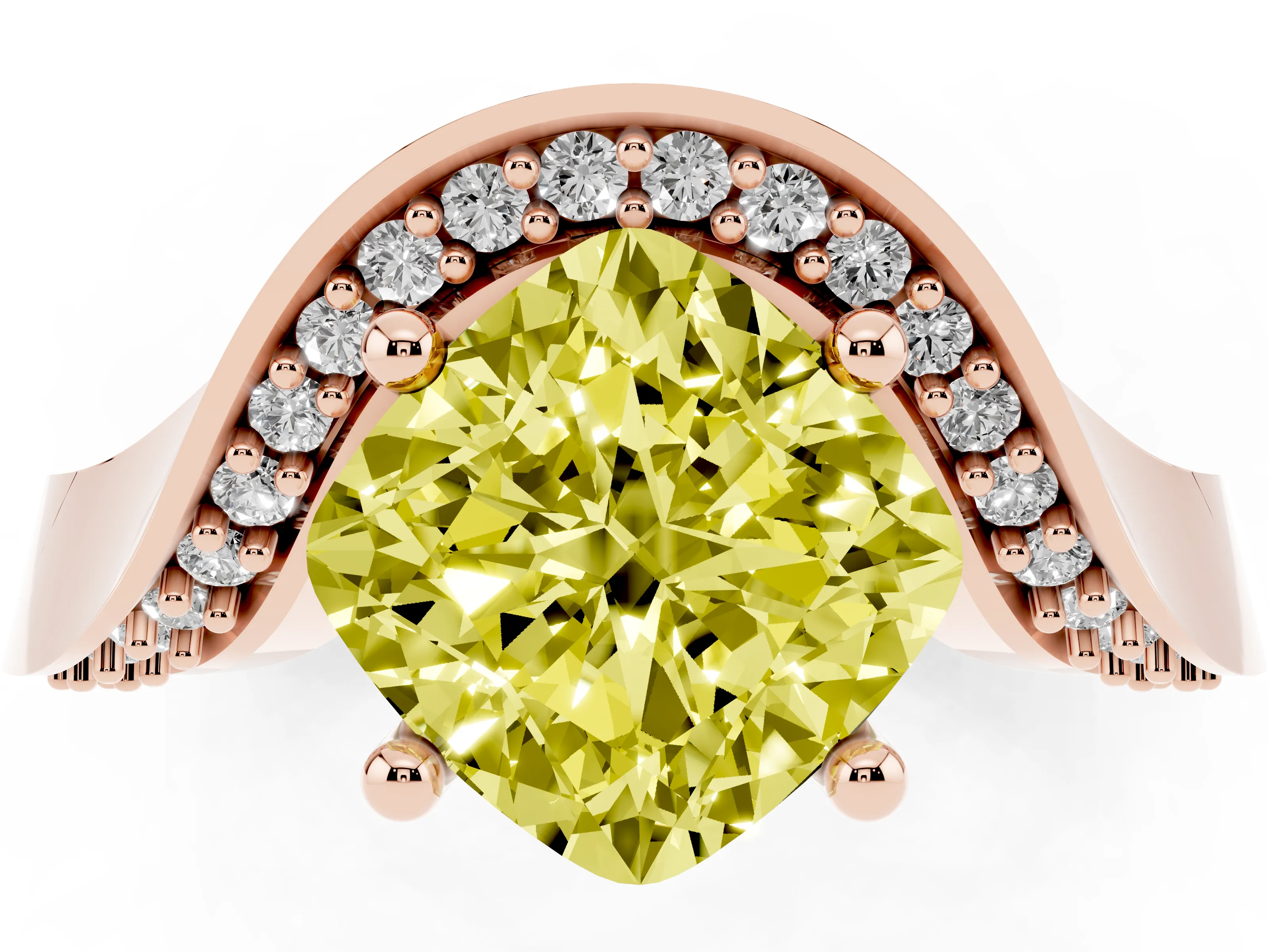 Fancy Yellow Cushion Cut Diamond Solitaire Engagement Ring Set in Rose gold with Pavé Shoulders
