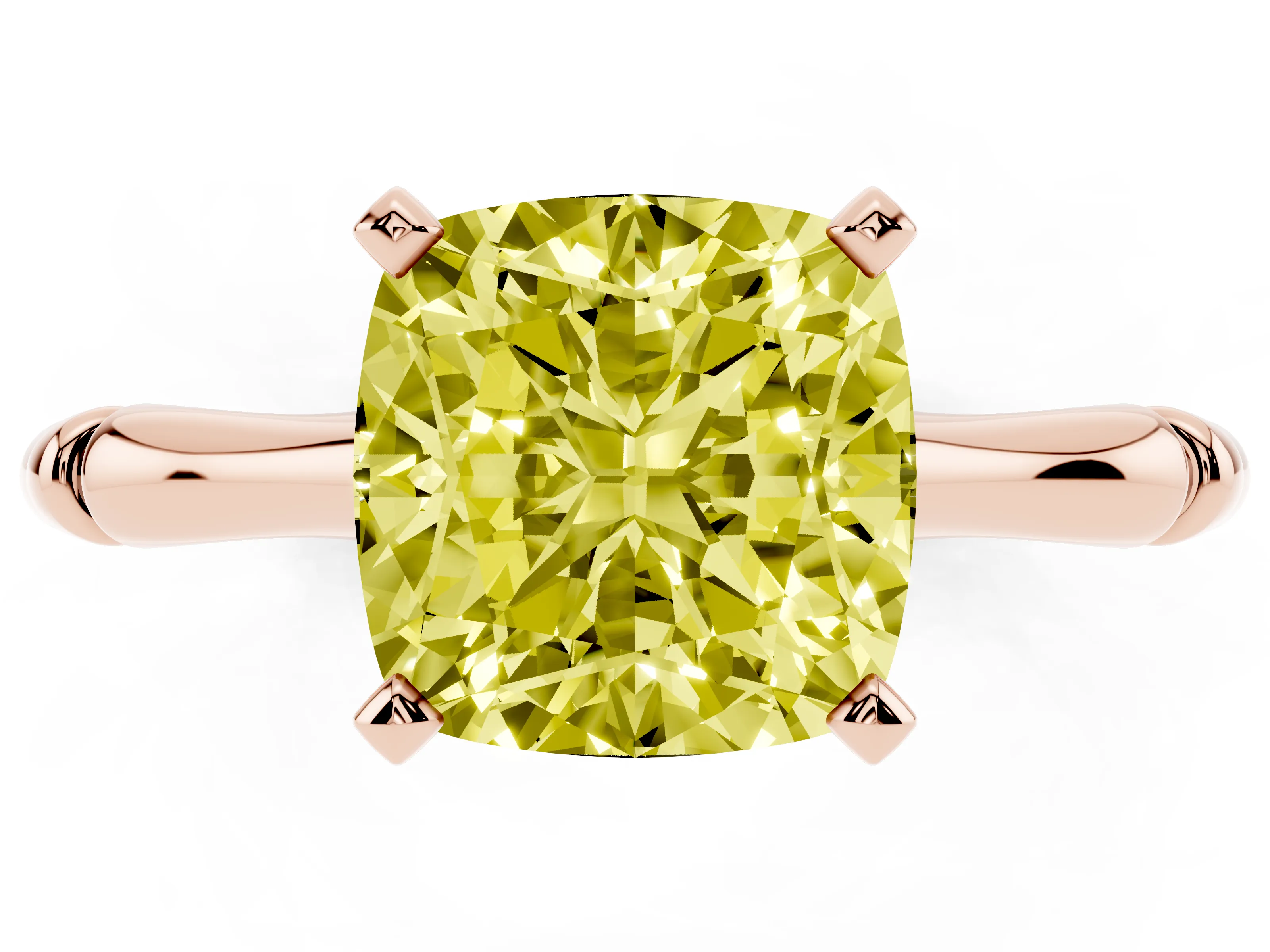 Fancy Yellow Cushion Cut Diamond Solitaire Ring Set in Rose gold with Bamboo Band and Prong Setting