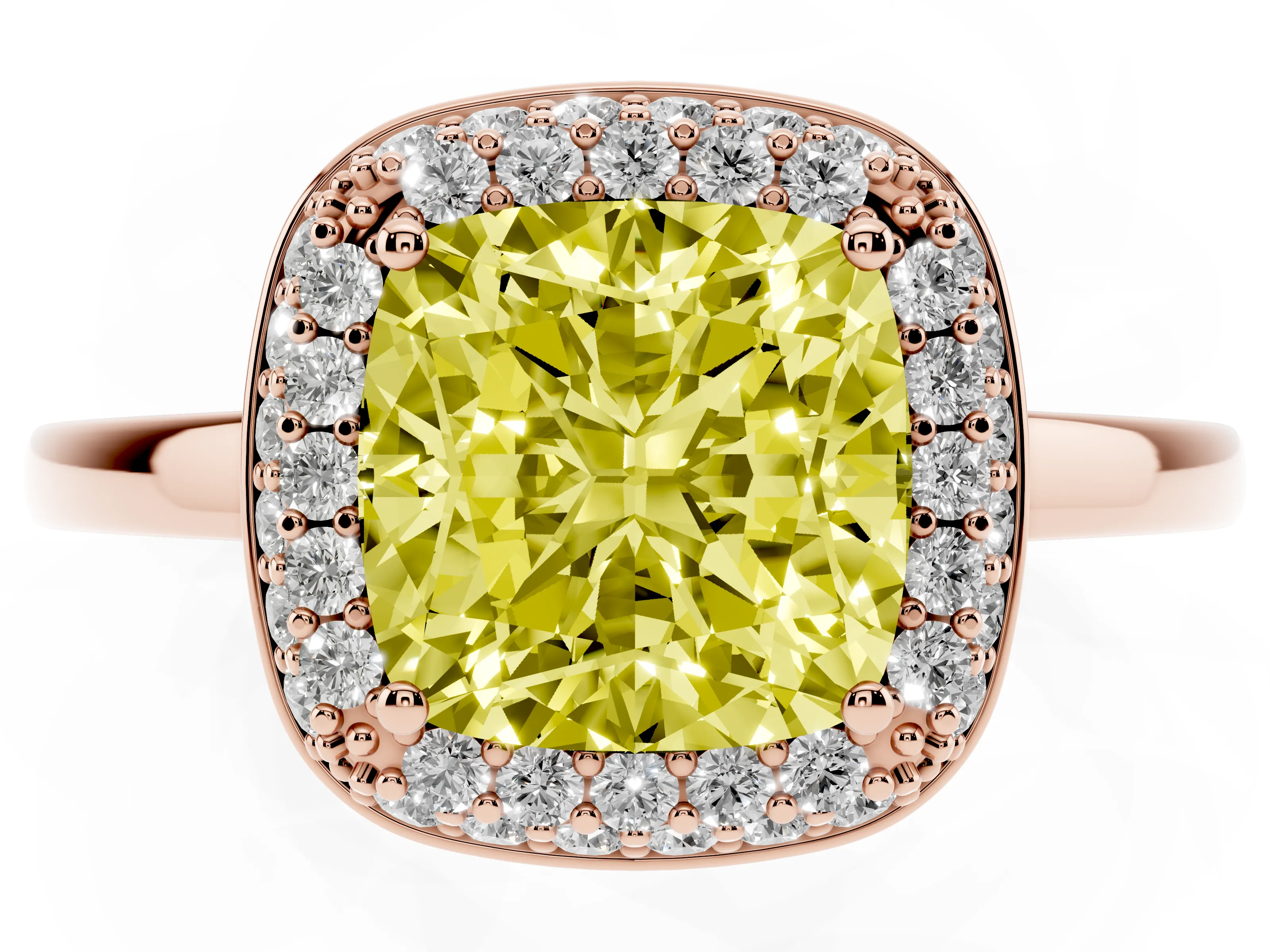 Fancy Yellow Cushion Cut Diamond Halo Engagement Ring Set in Rose gold with Solitaire Band and Prong Setting