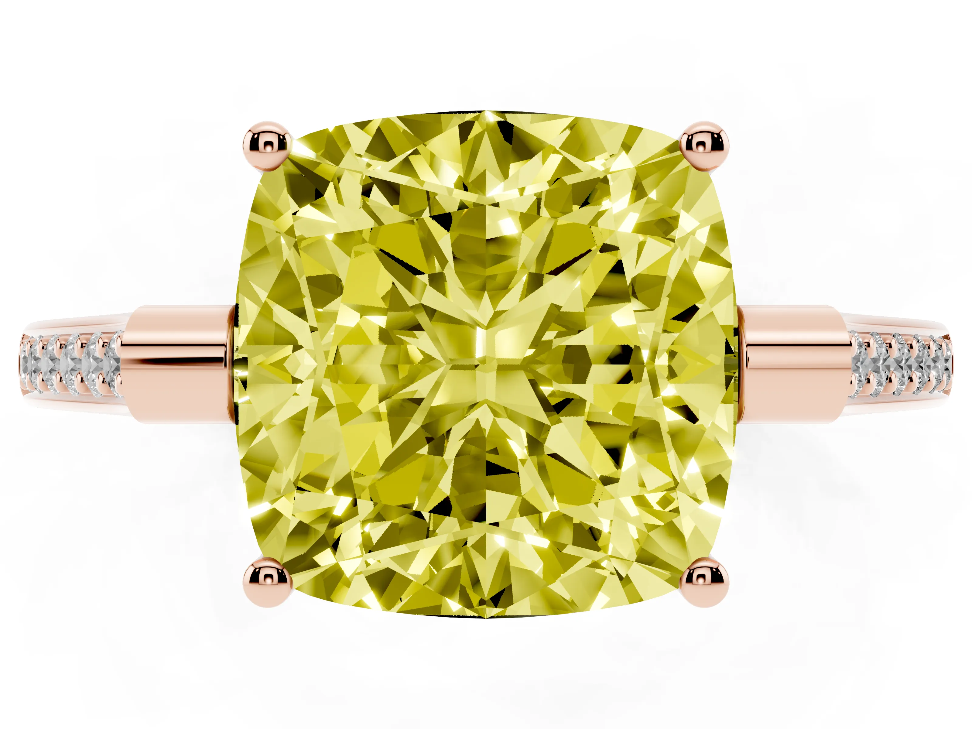 Fancy Yellow Cushion Cut Diamond Solitaire Ring Set in Rose gold with Channel Set Band and Bezel Prong Setting