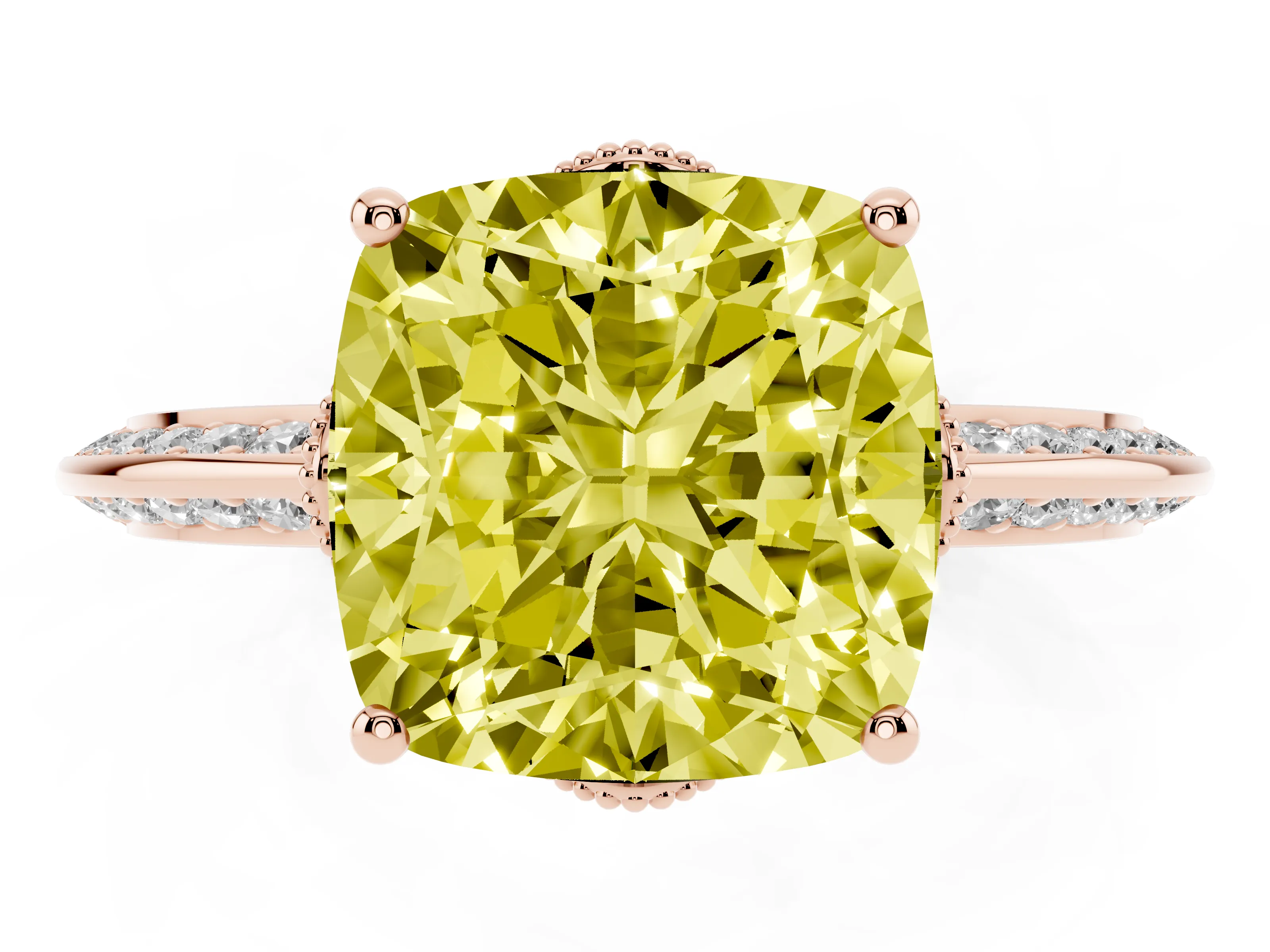 Fancy Yellow Cushion Cut Diamond Solitaire Engagement Ring Set in Rose gold with Pavé Split Shank and Prong Setting