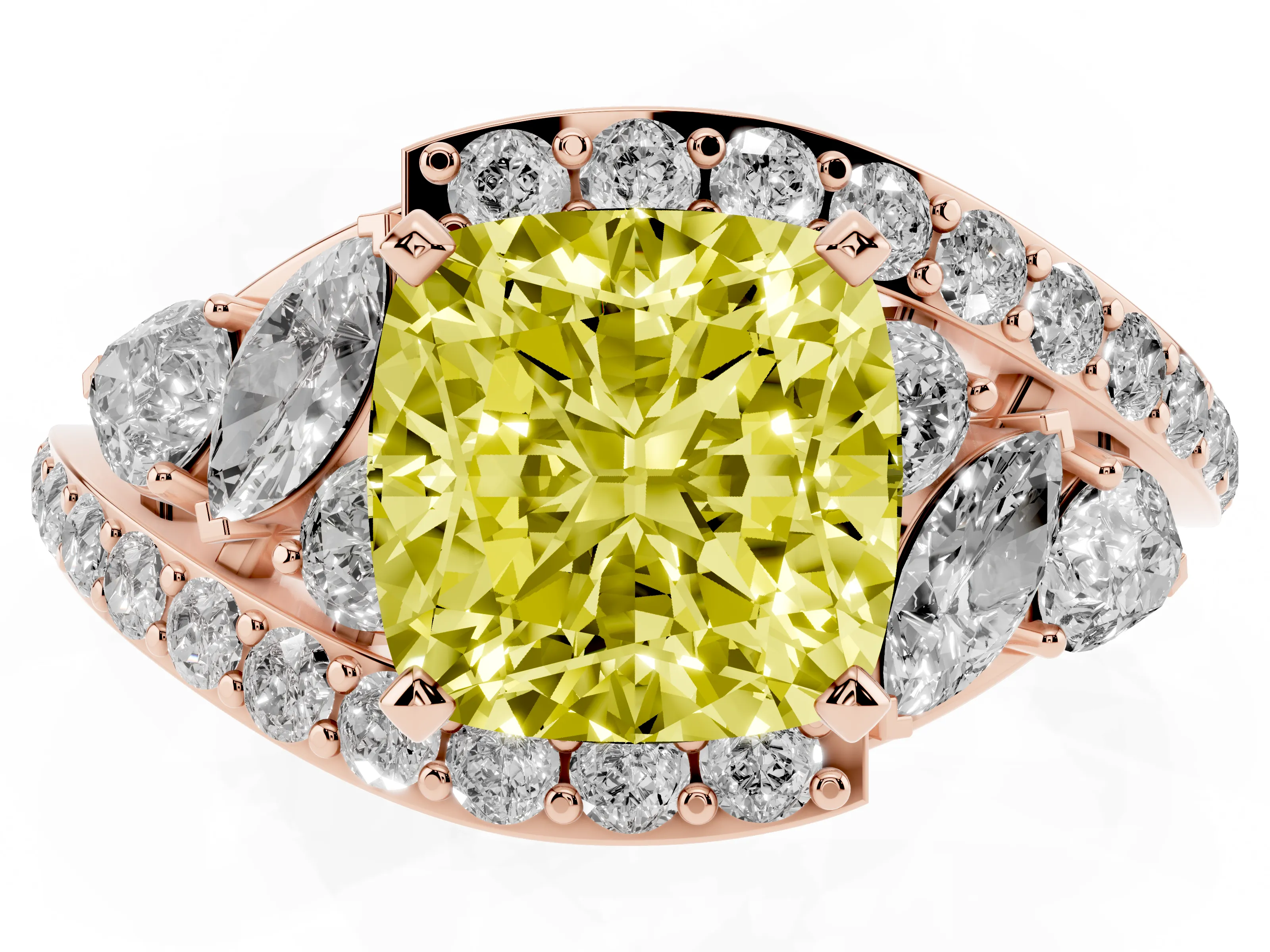 Fancy Yellow Cushion Cut Diamond Halo Ring Set in Rose gold with Marquise and Pavé Band in Prong Setting