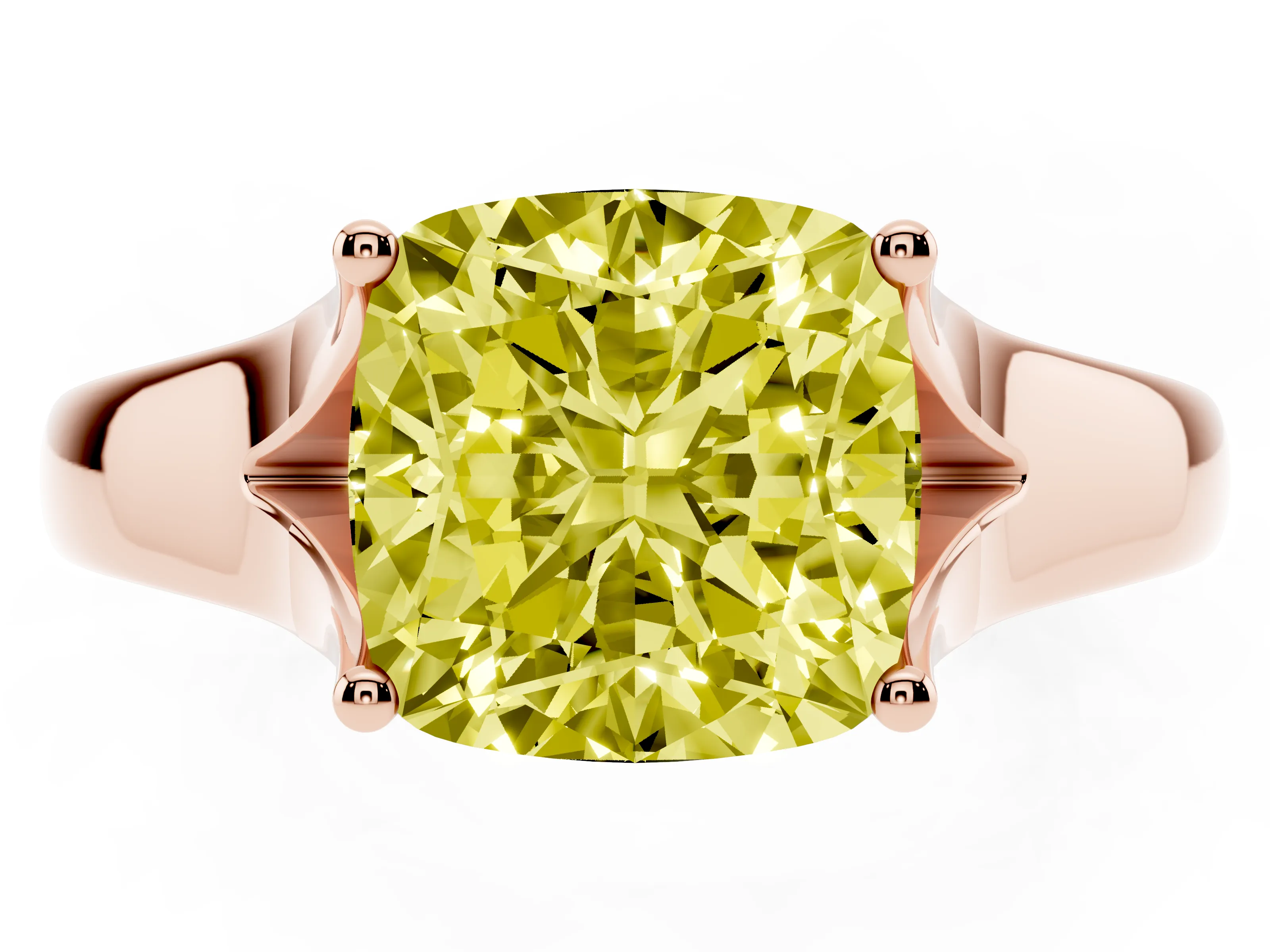 Fancy Yellow Cushion Cut Diamond Solitaire Ring Set in Rose gold with Arched Cathedral Band and Prong Setting