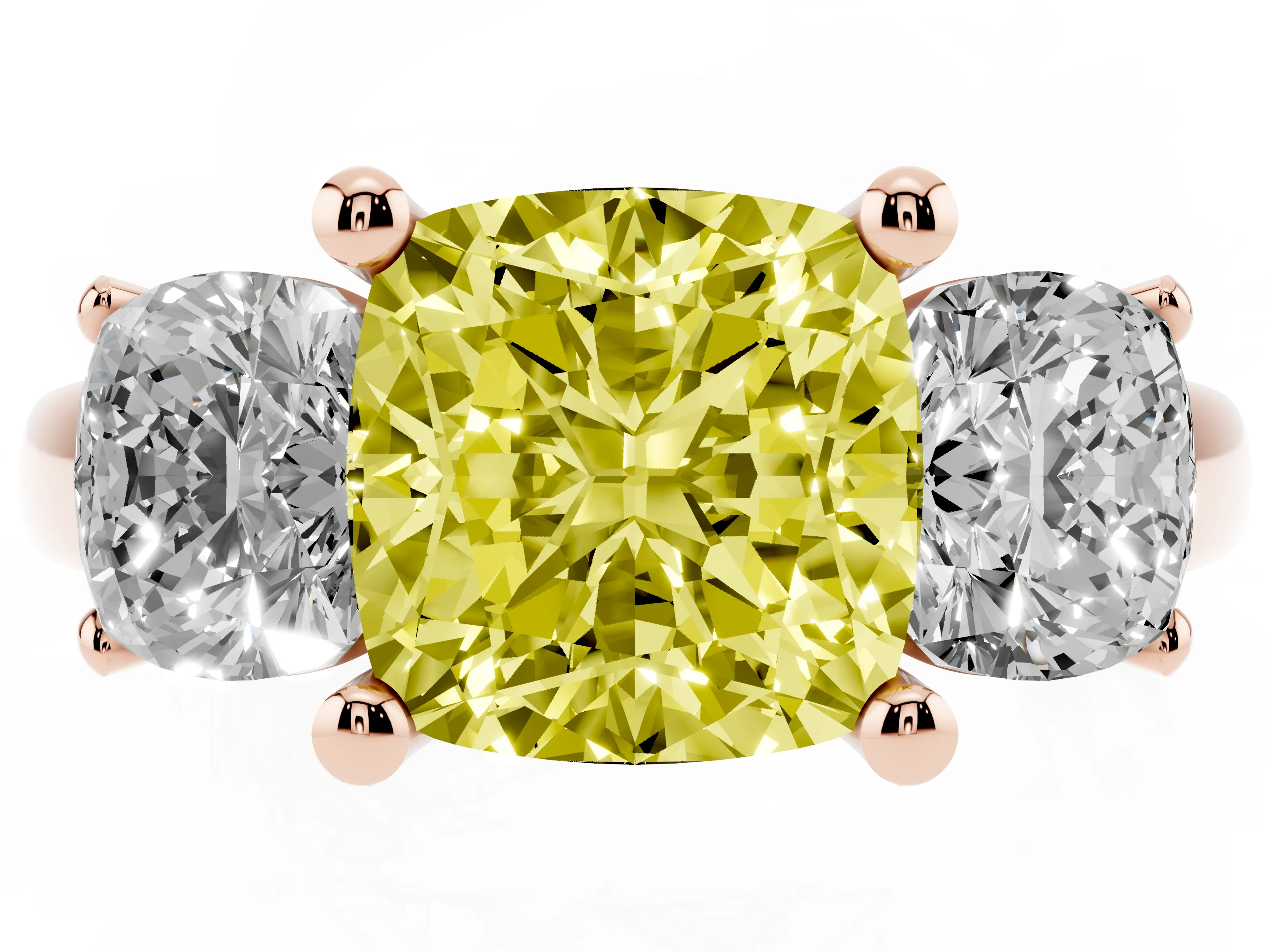 Fancy Yellow Cushion Cut Diamond Three-Stone Ring Set in Rose gold with Classic Prong Setting and Plain Band