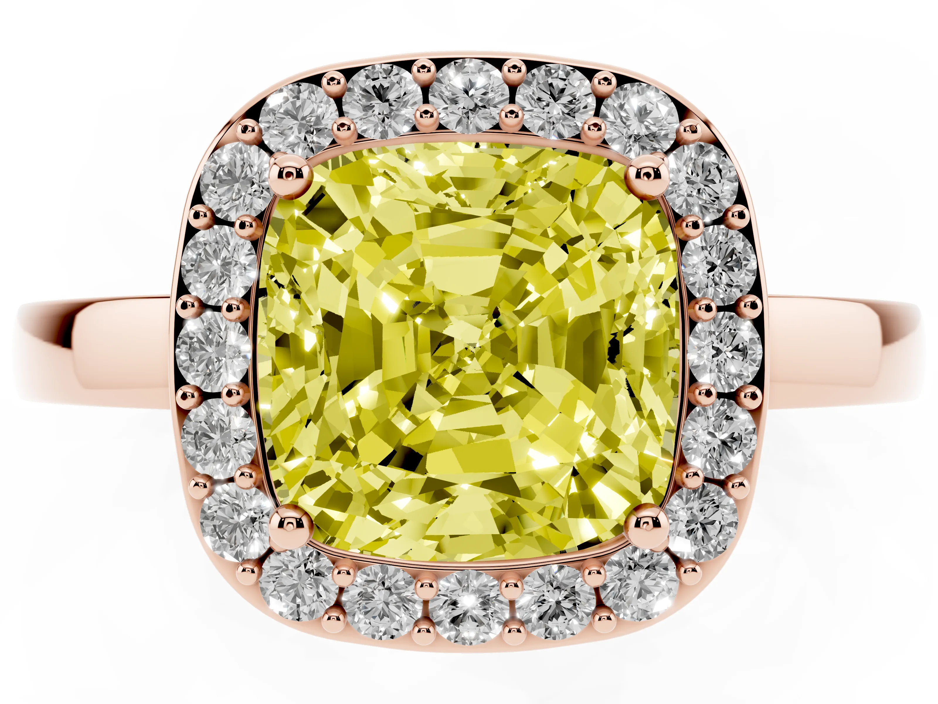 Fancy Yellow Cushion Cut Diamond Halo Ring Set in Rose gold with Solitaire Band and Prong Setting