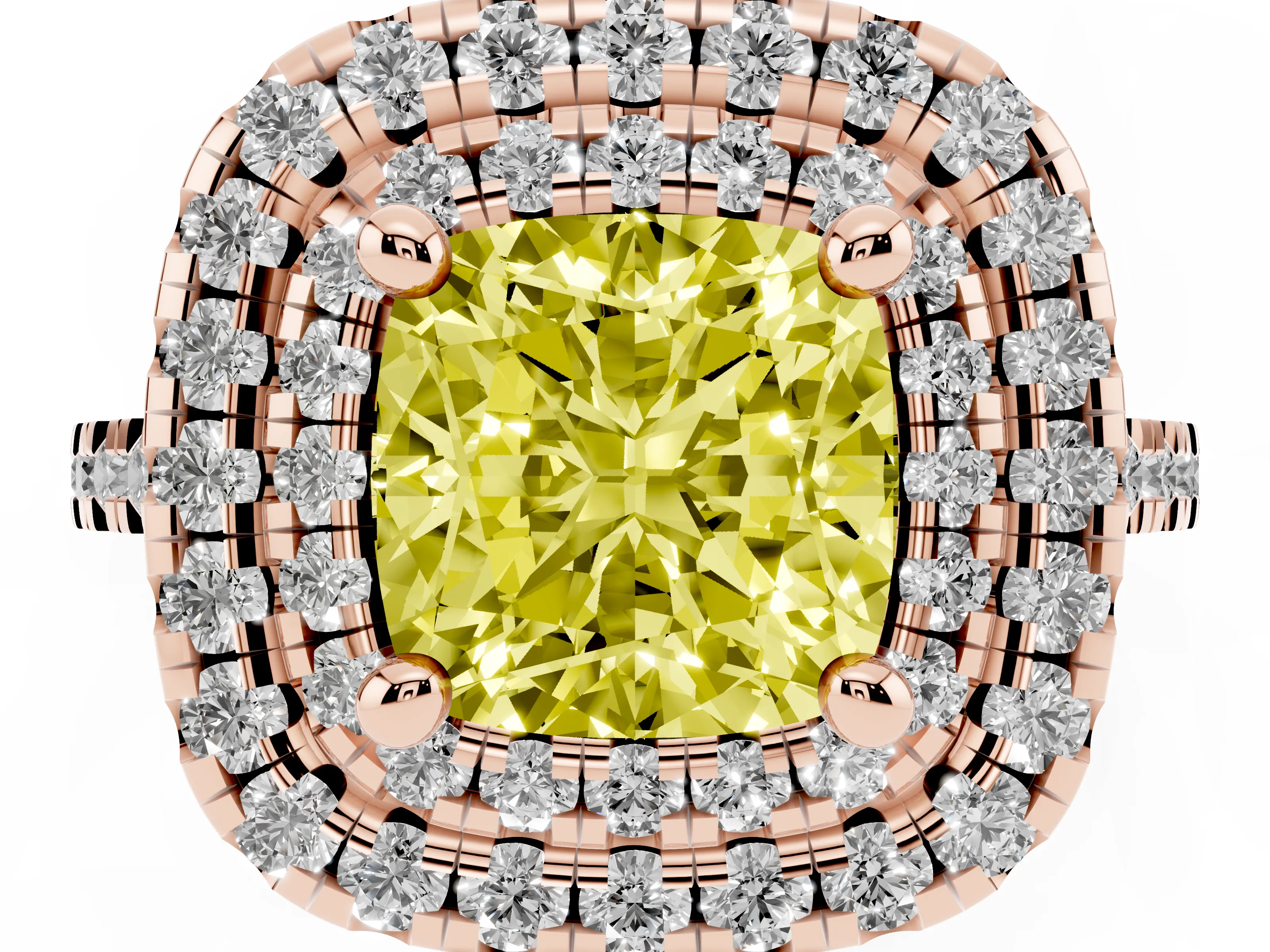 Fancy Yellow Cushion Cut Diamond Double Halo Statement Ring Set in Rose gold with Pavé Band