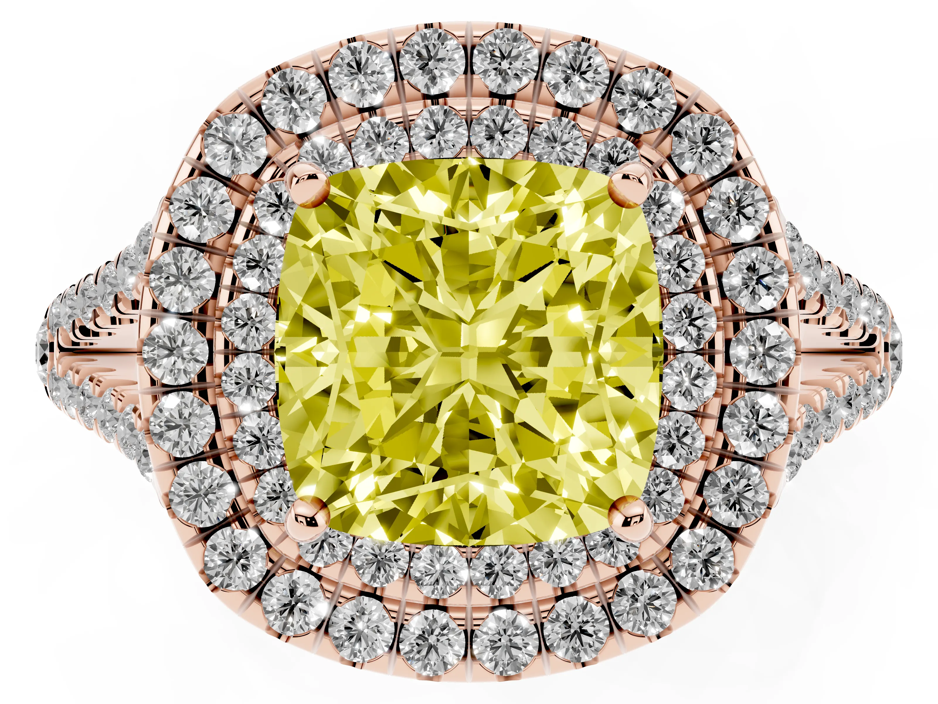 Fancy Yellow Cushion Cut Diamond Double Halo Ring Set in Rose gold with Pavé Band