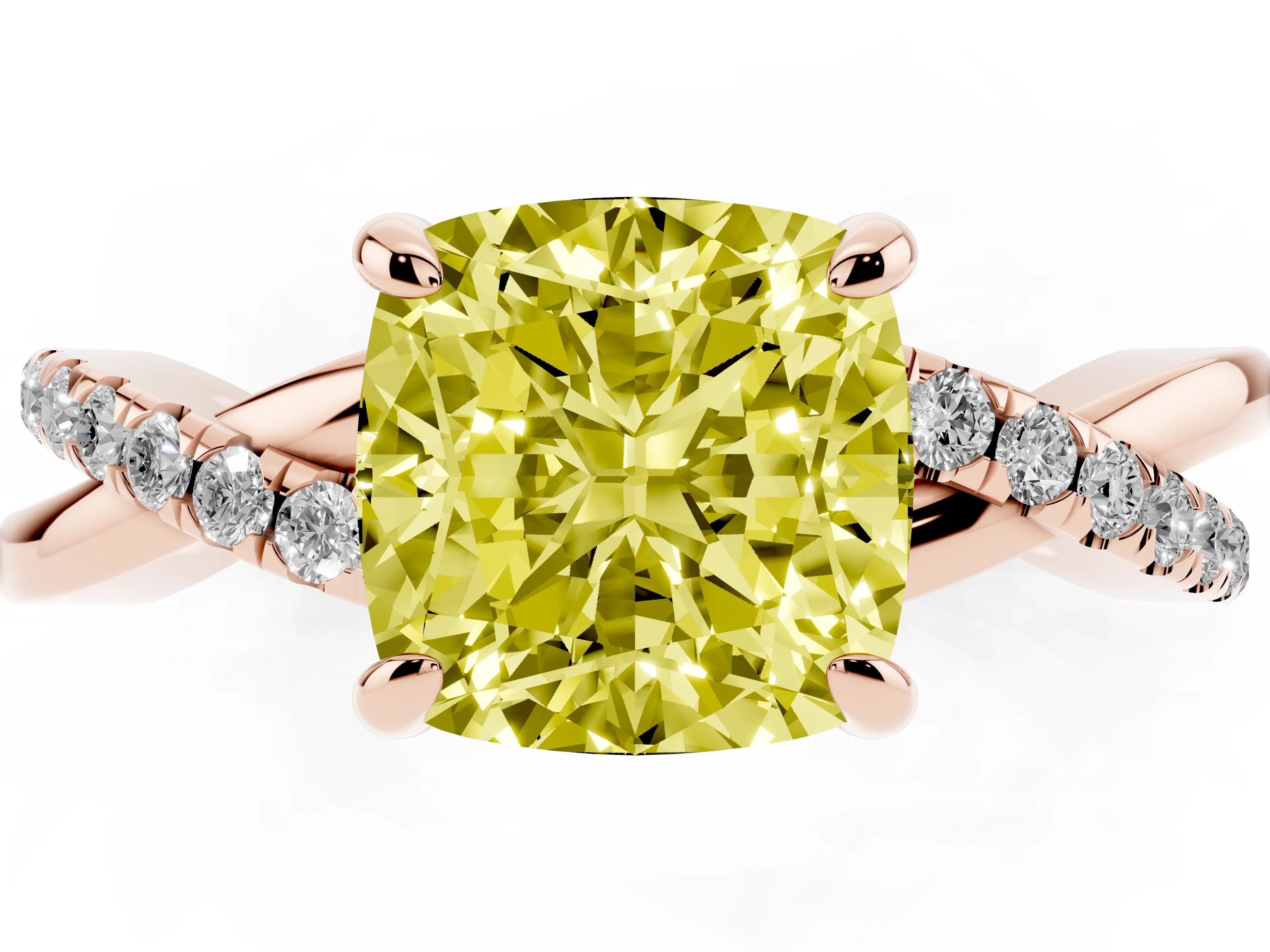 Fancy Yellow Cushion Cut Diamond Twist Band Pavé Solitaire Ring Set in Rose gold with Prong Setting