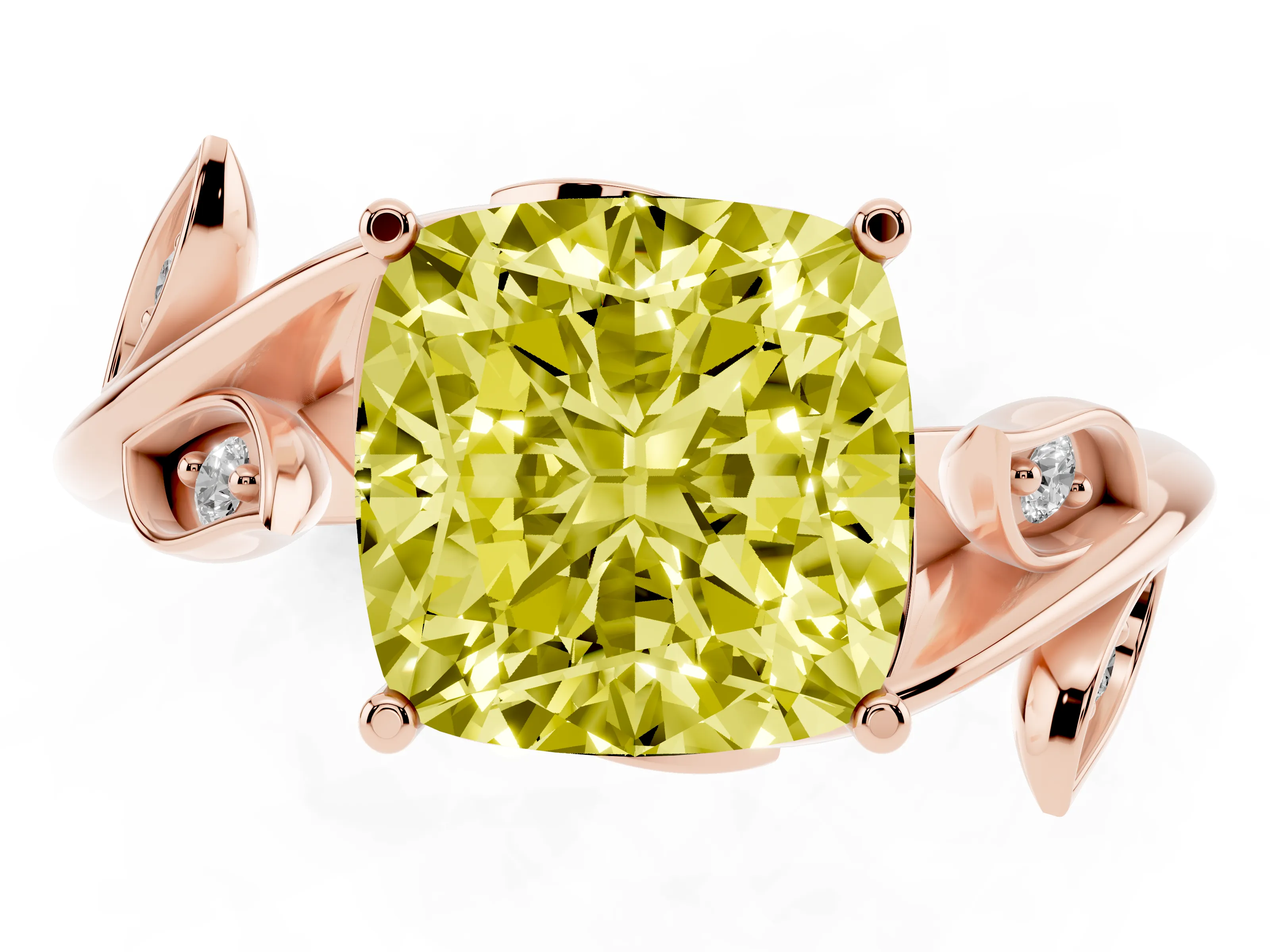Fancy Yellow Cushion Cut Diamond Solitaire Twist Engagement Ring Set in Rose gold with Pavé Leaf Accents