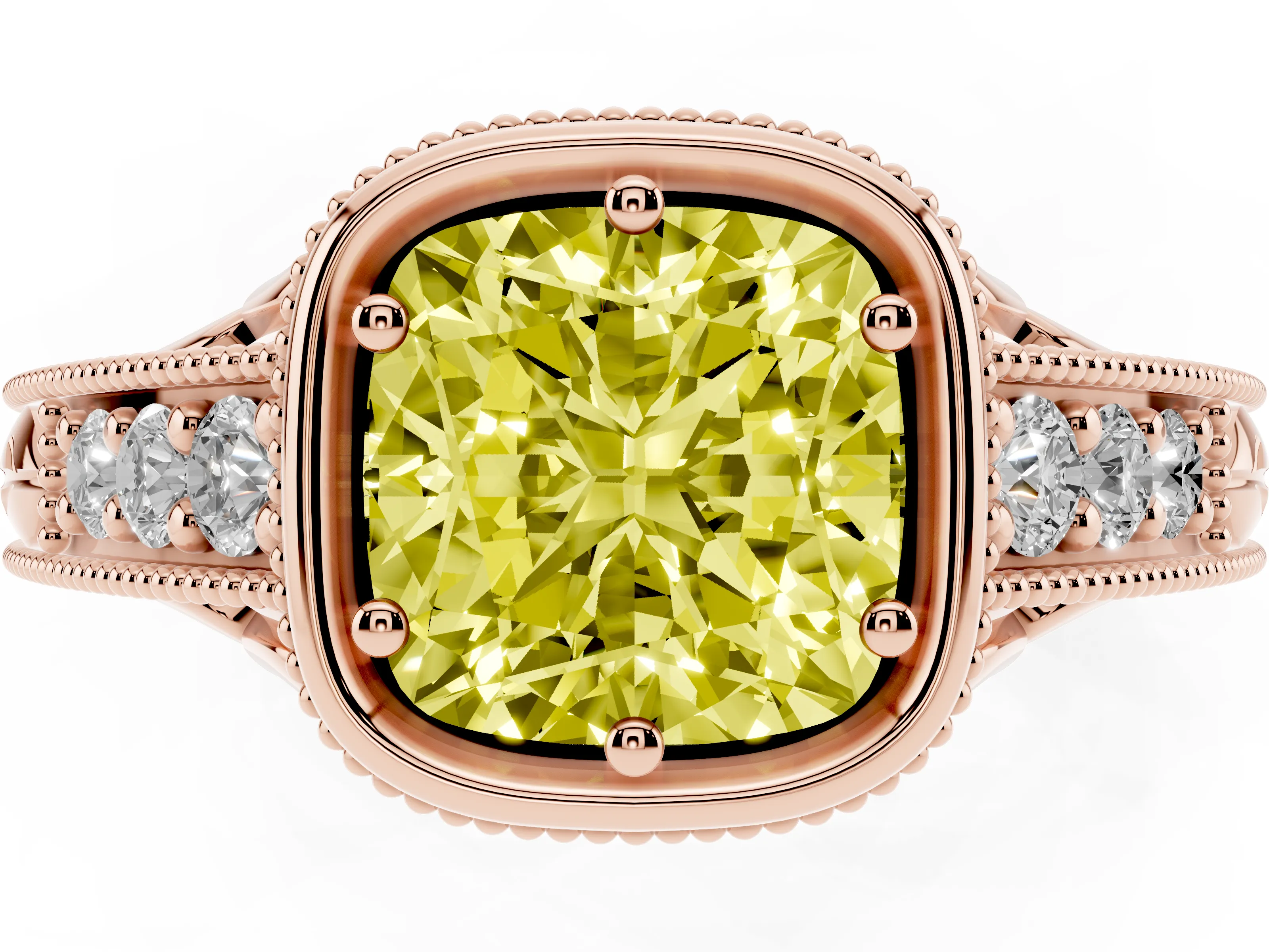 Fancy Yellow Bezel Set Cushion Cut Diamond Milgrain Pavé Engagement Ring Set in Rose gold