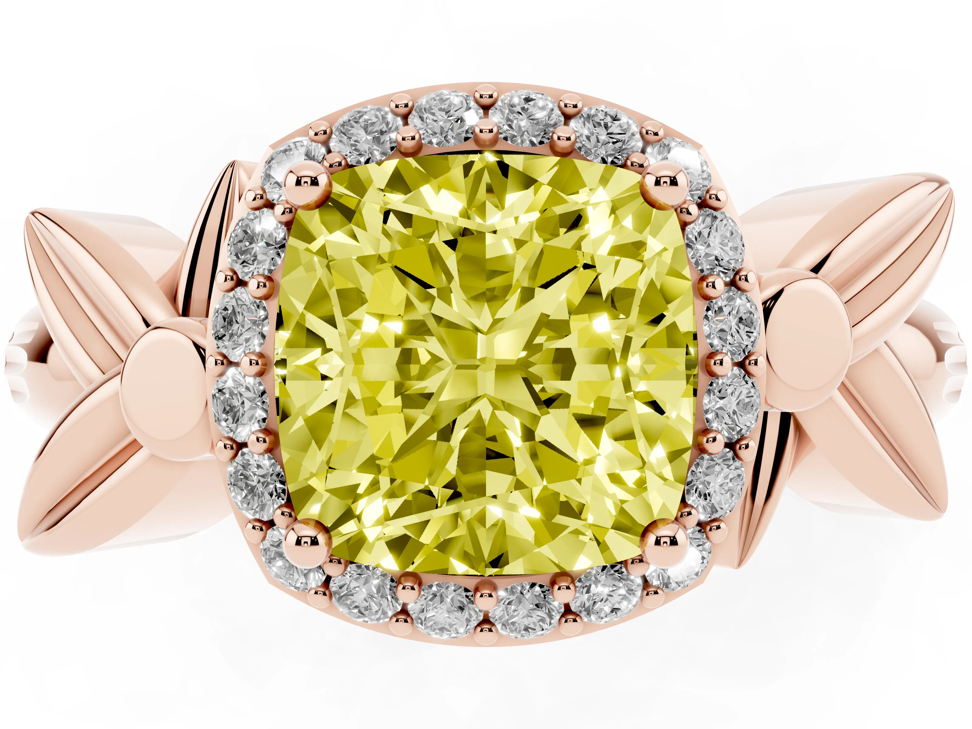 Fancy Yellow Cushion Cut Diamond Halo Floral Band Ring Set in Rose gold with Prong Setting