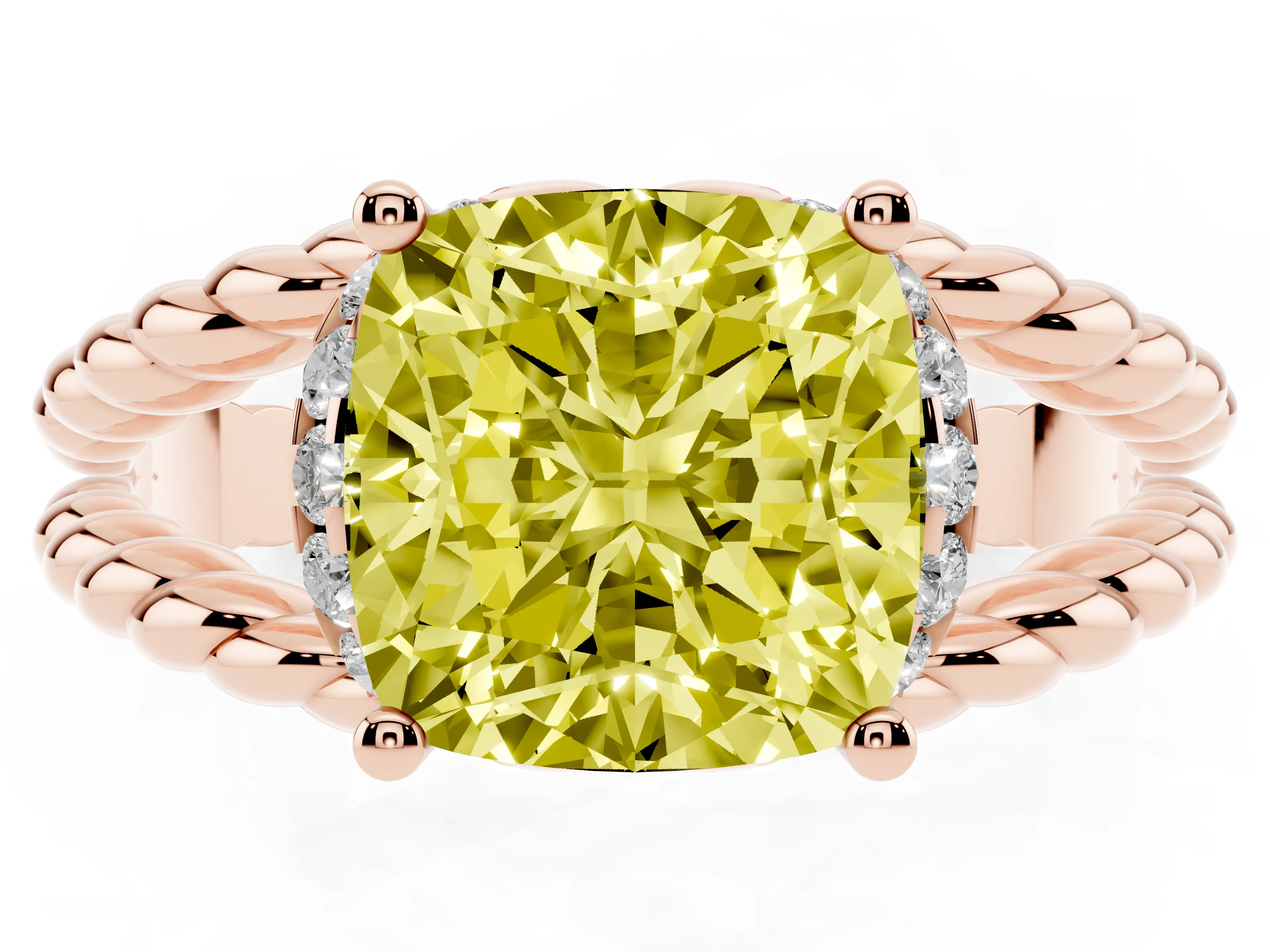 Fancy Yellow Cushion Cut Diamond Halo Ring Set in Rose gold with Twisted Band and Prong Setting