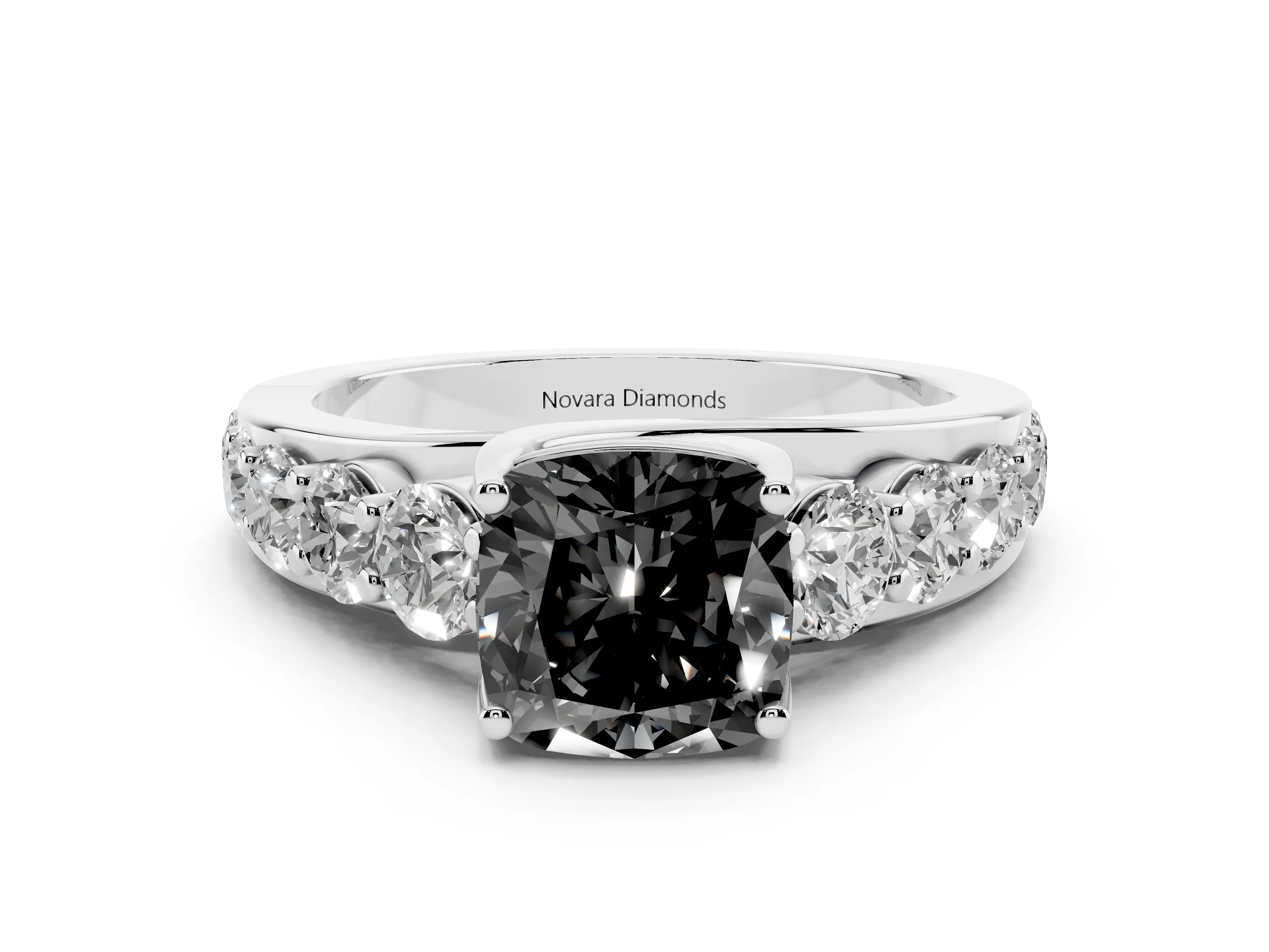 Fancy Black Cushion Cut Diamond Pavé Engagement Ring Set in Platinum with Prong Setting