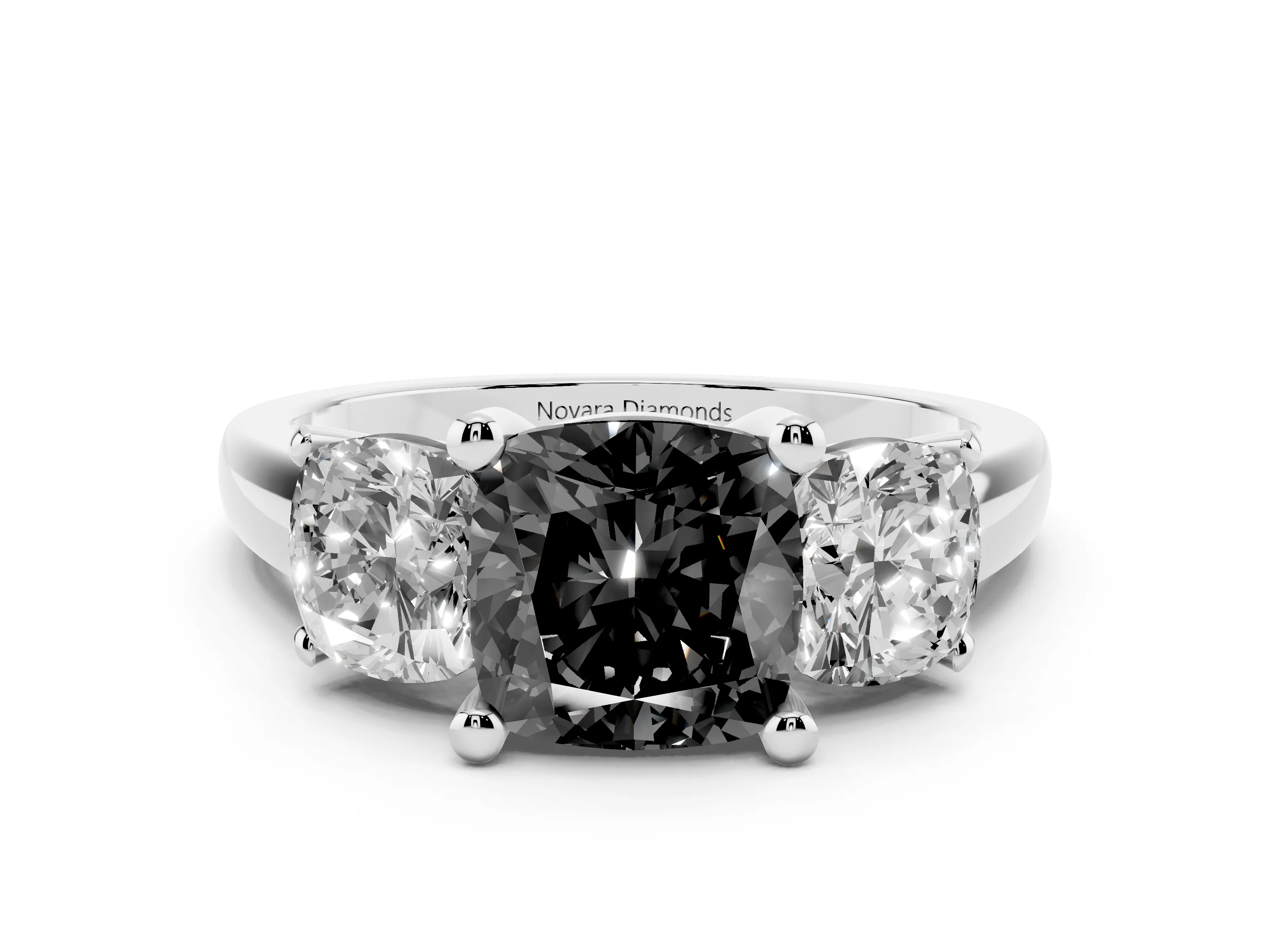 Fancy Black Cushion Cut Diamond Three-Stone Ring Set in White gold with Classic Prong Setting and Plain Band