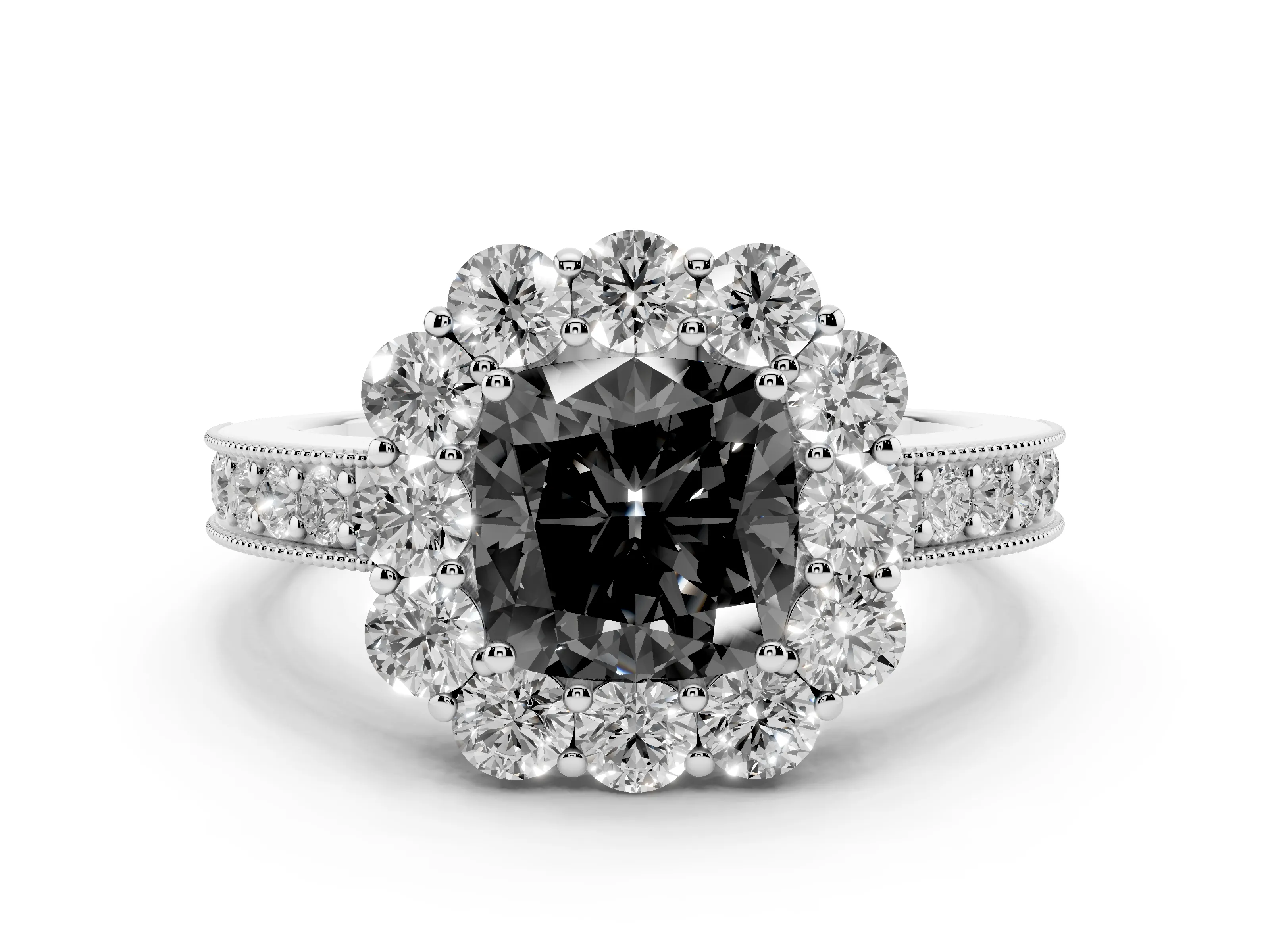 Fancy Black Cushion Cut Diamond Halo Pavé Engagement Ring Set in White gold with Milgrain Detailing