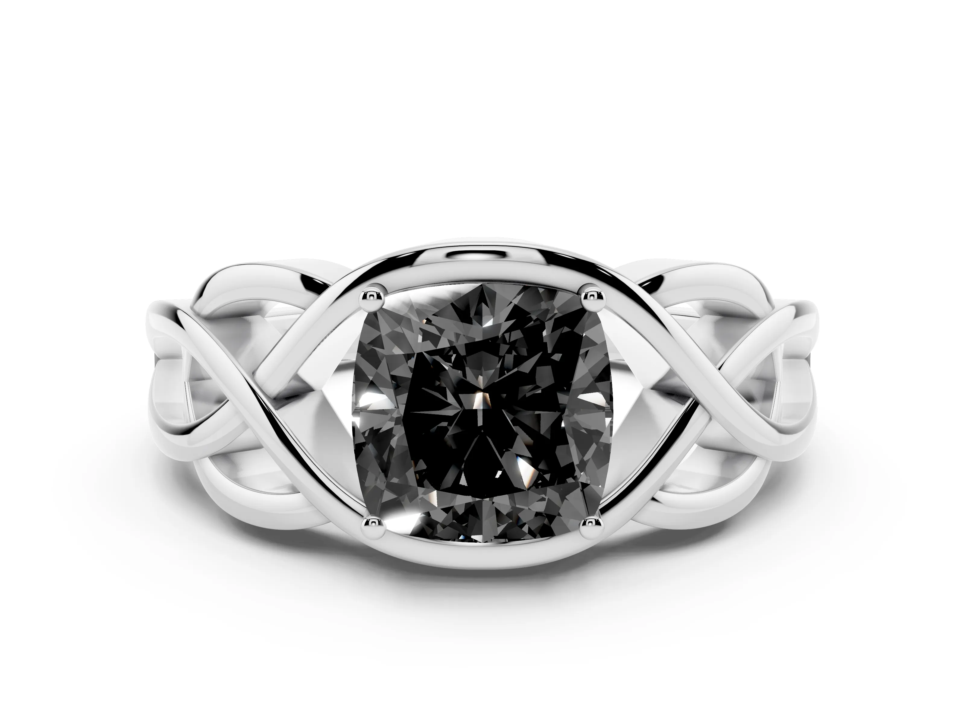 Fancy Black Cushion Cut Diamond Solitaire Ring Set in White gold with Intertwined Band
