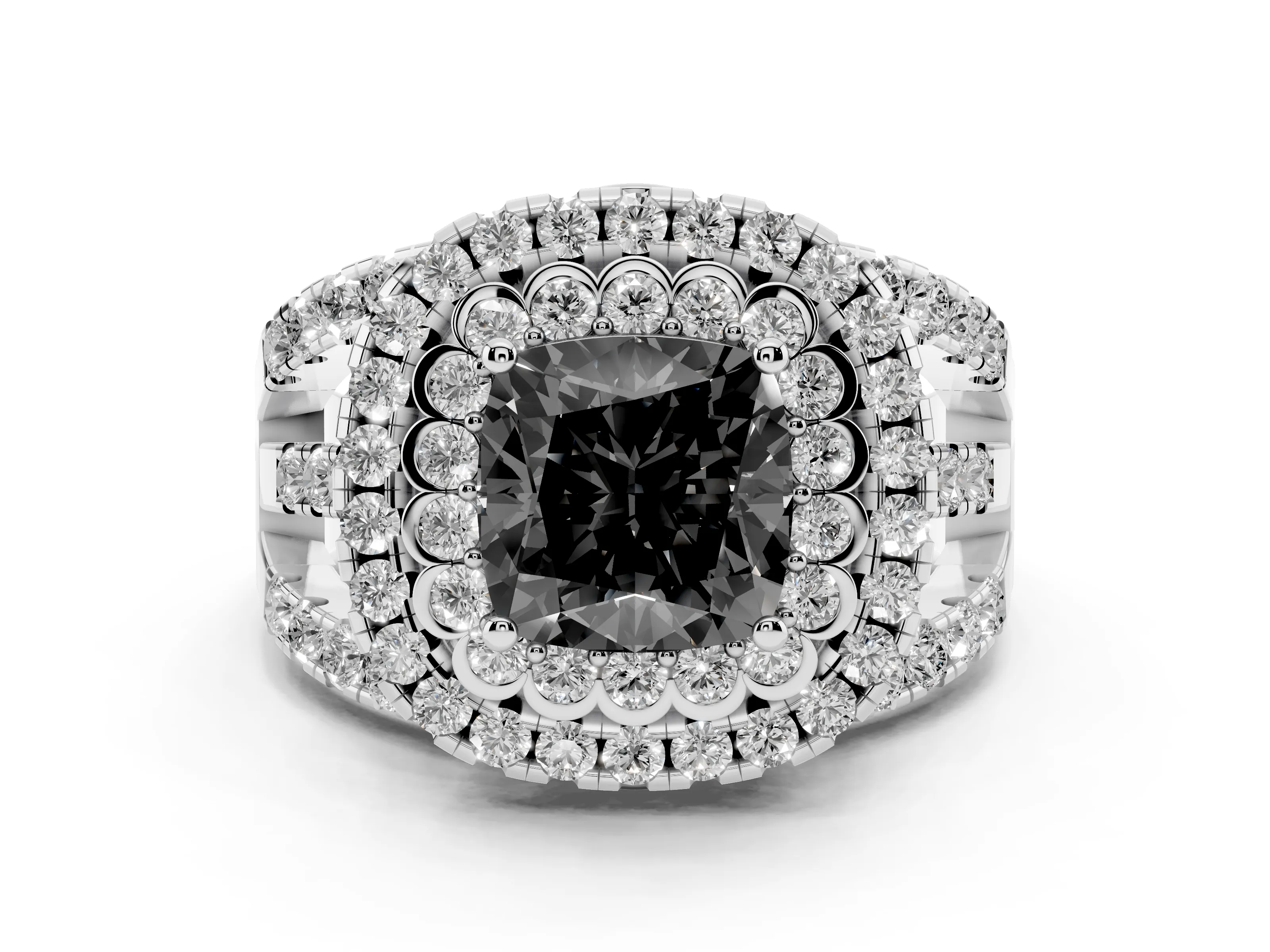Fancy Black Cushion Cut Diamond Double Halo Ring Set in White gold with Round Pavé Split Shank