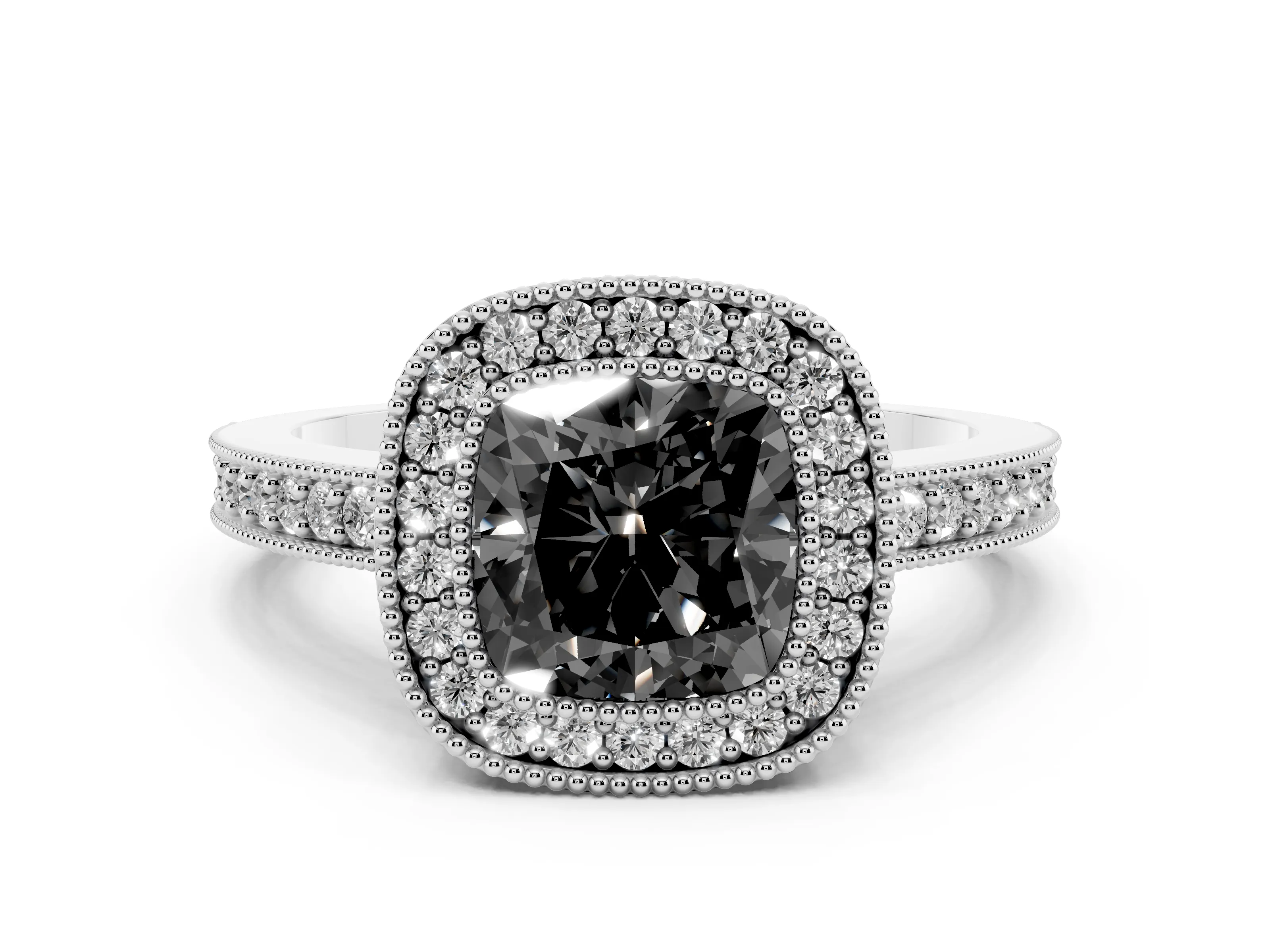 Fancy Black Cushion Cut Diamond Halo Engagement Ring Set in Platinum with Pavé Band and Round Halo Stones