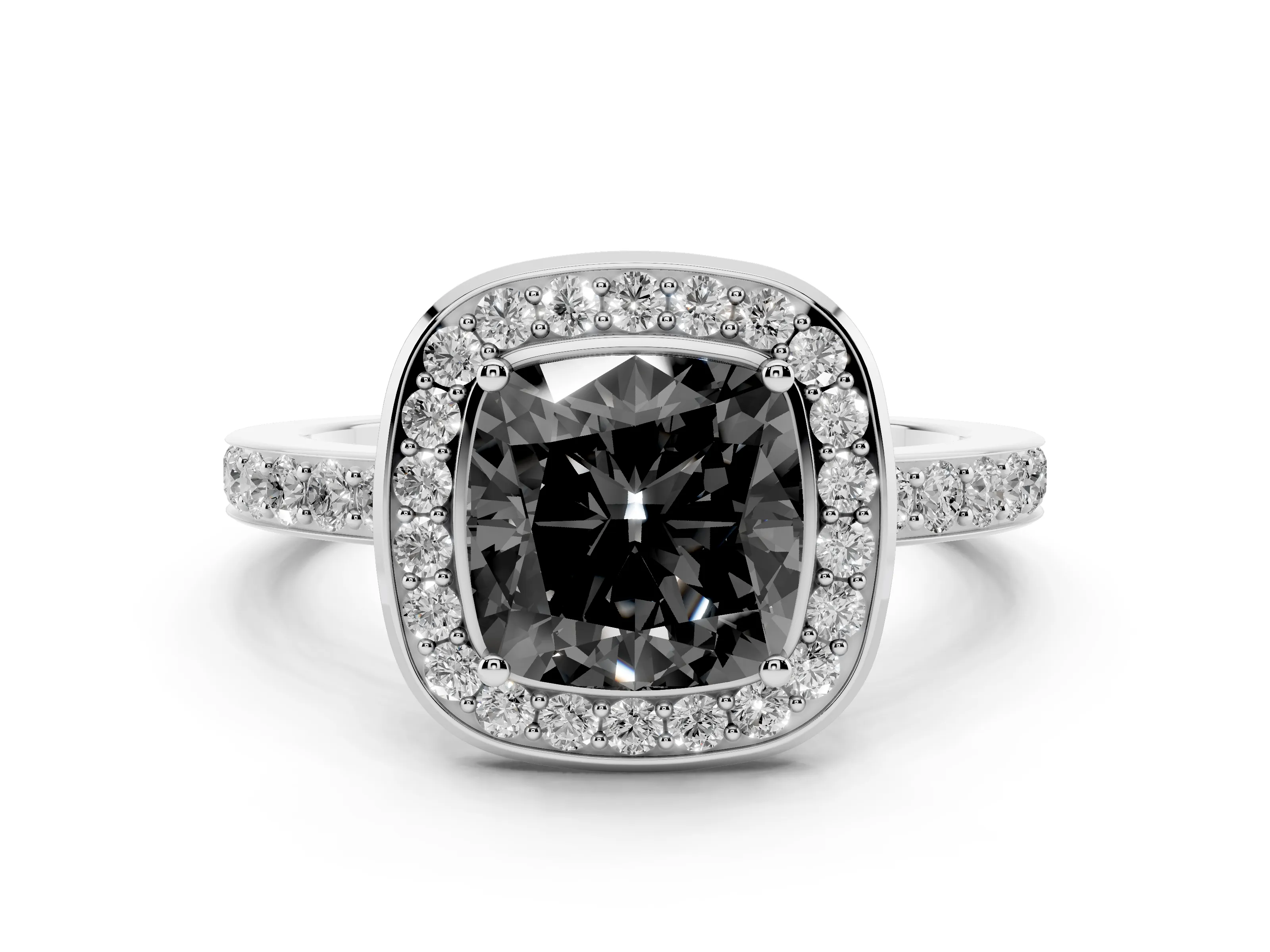 Fancy Black Cushion Cut Diamond Halo Ring Set in White gold with Bezel Frame and Pavé Band