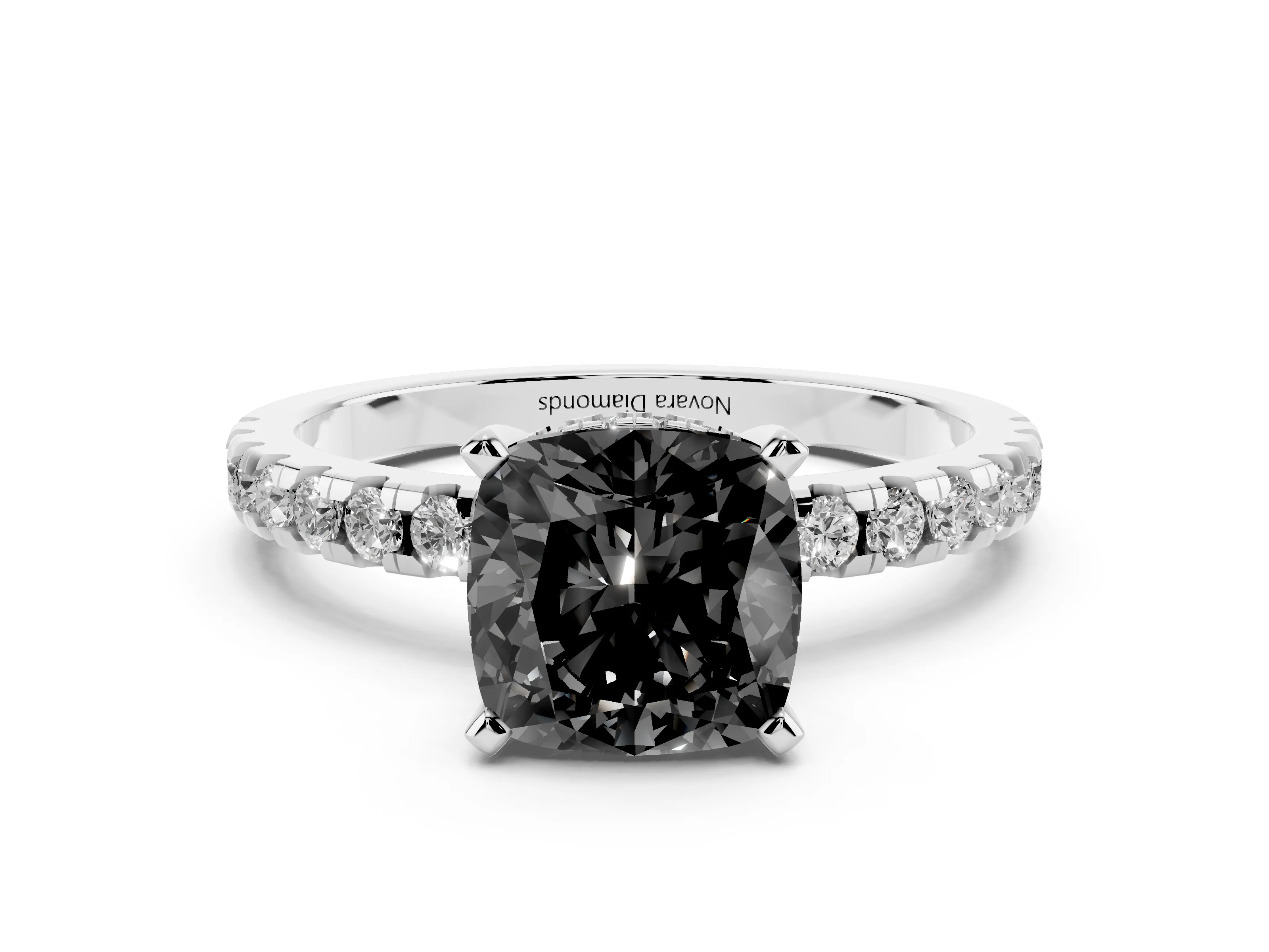 Fancy Black Cushion Cut Diamond Pavé Solitaire Ring Set in White gold with Round Band Accents and Prong Setting