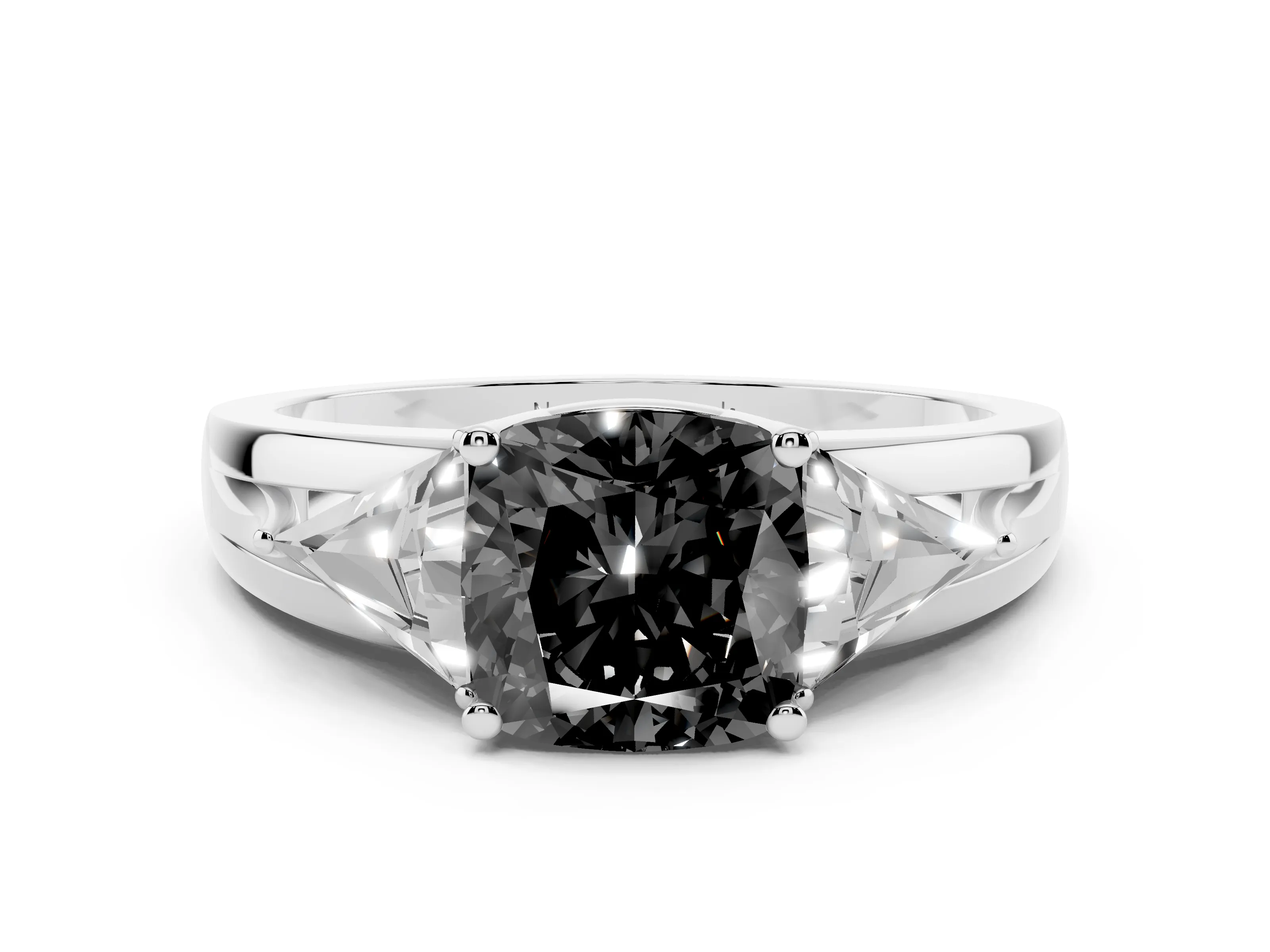 Fancy Black Cushion Cut Diamond Three-Stone Ring Set in Silver with Trillion Side Stones and Split Shank