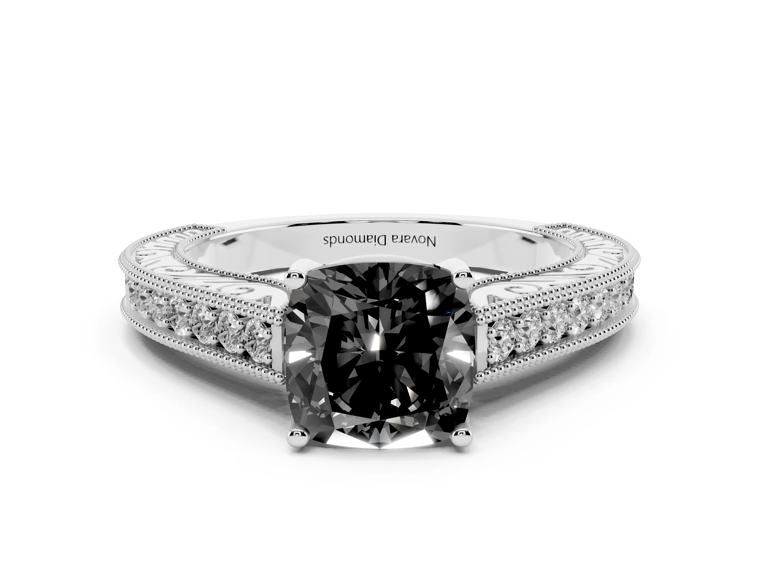 Fancy Black Cushion Cut Diamond Milgrain Pavé Band Solitaire Ring Set in White gold with Prong Setting