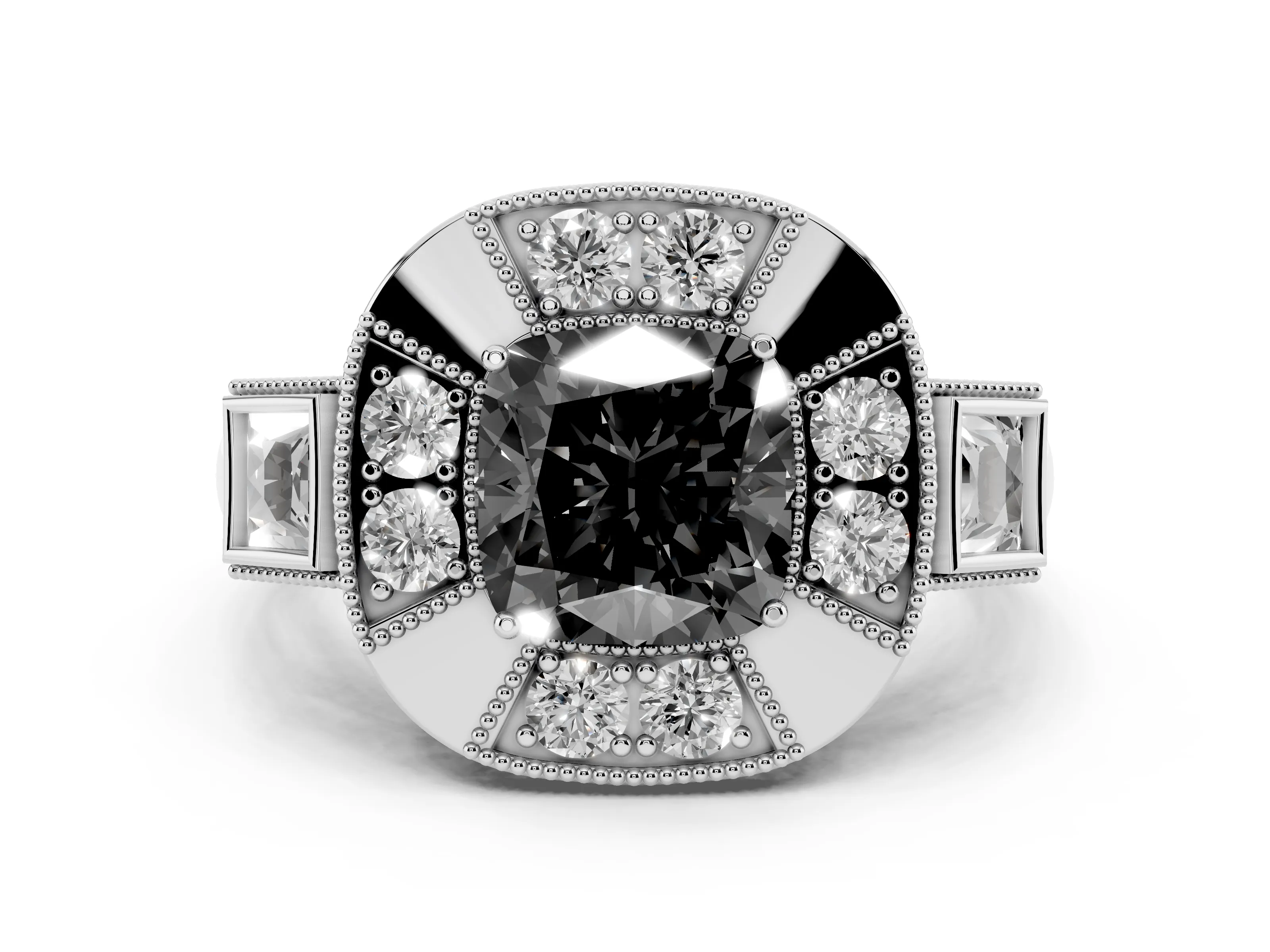 Fancy Black Cushion Cut Diamond Milgrain Halo Ring Set in Silver with Split Shank