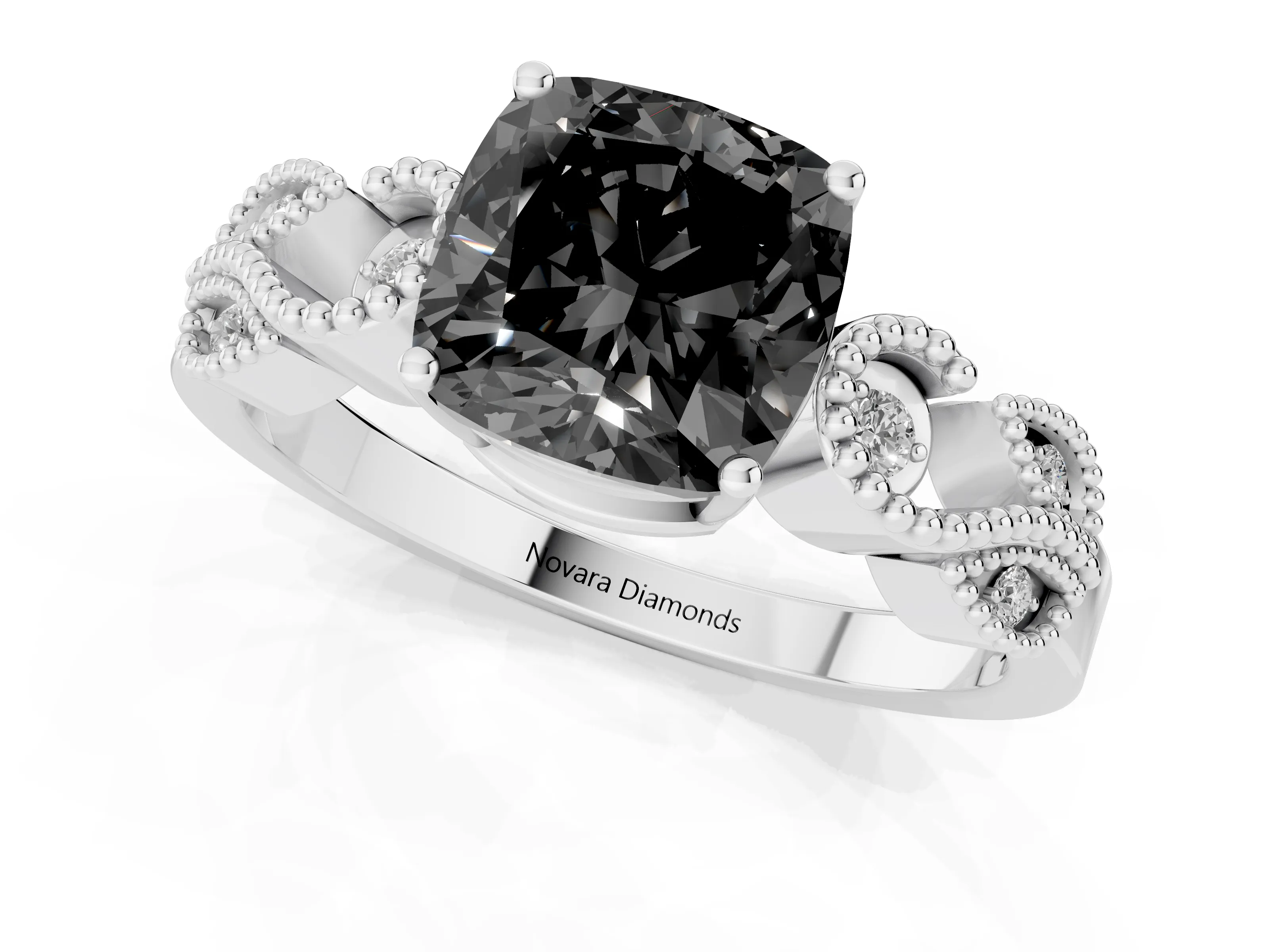 Fancy Black Cushion Cut Diamond Milgrain Leaf Band Solitaire Ring Set in White gold with Accent Stones and Prong Setting