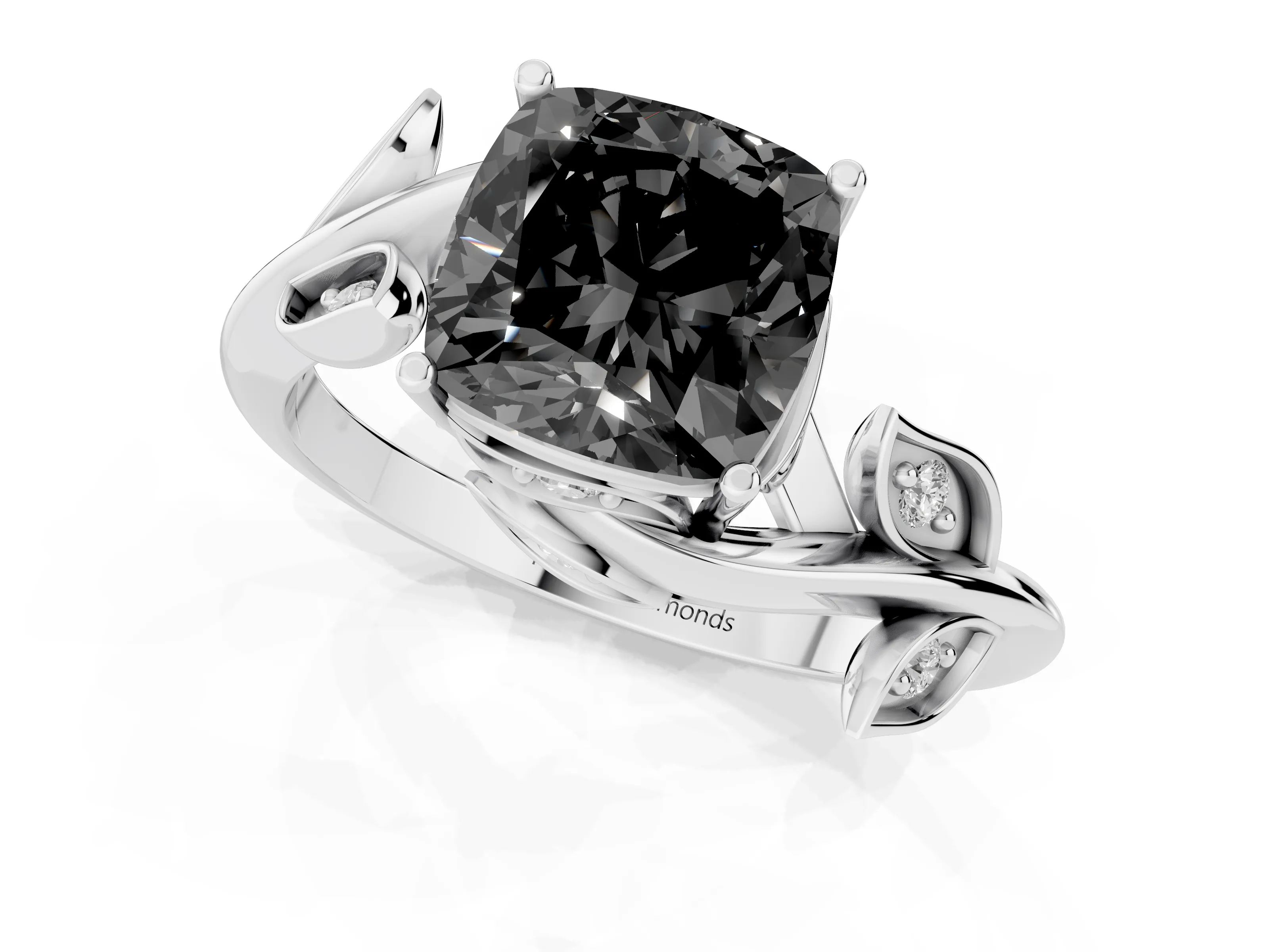 Fancy Black Cushion Cut Diamond Solitaire Twist Engagement Ring Set in Silver with Pavé Leaf Accents